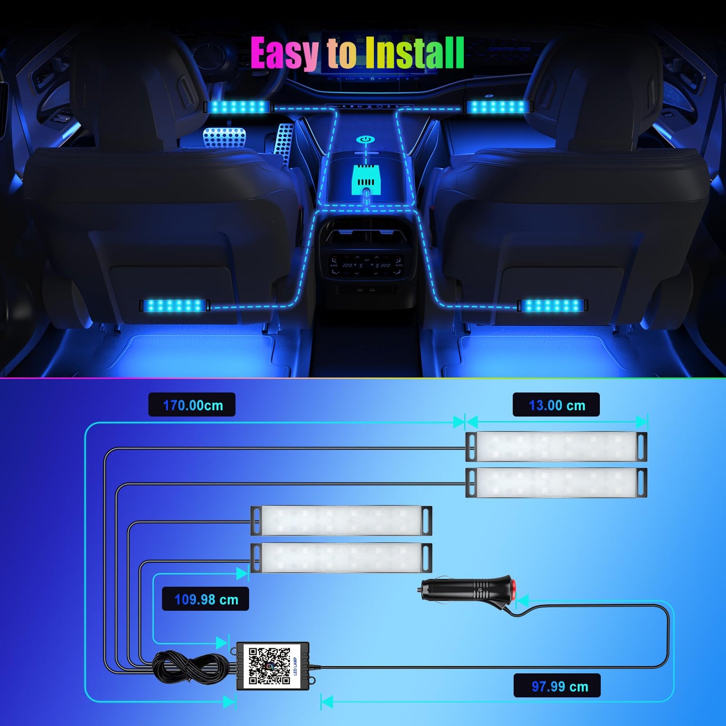YiLaie RGB LED Interior Lighting Car, Ambient Lighting Car with App Control and 16 Million Colours, Music Mode, Colour Memory, Three Button Control Box, Cigarette Lighter, 12 V