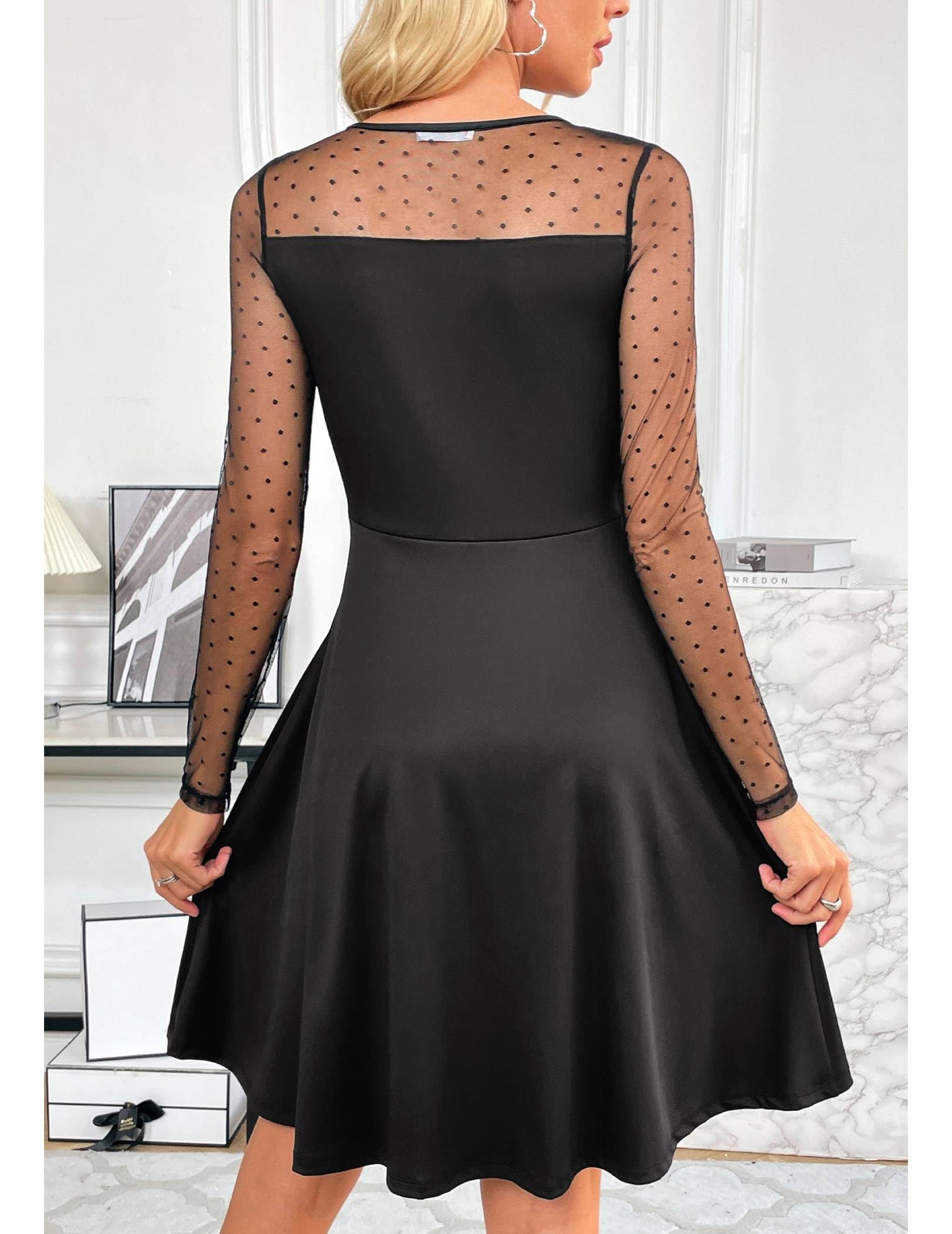 Zeagoo Kleid Damen Elegant Spitze A Linie Partykleid Hohe Taille Cocktailkleid Minikleid Festliches Kleid Einfarbig Mesh Kleid Sexy Swing Kleider S-XXL