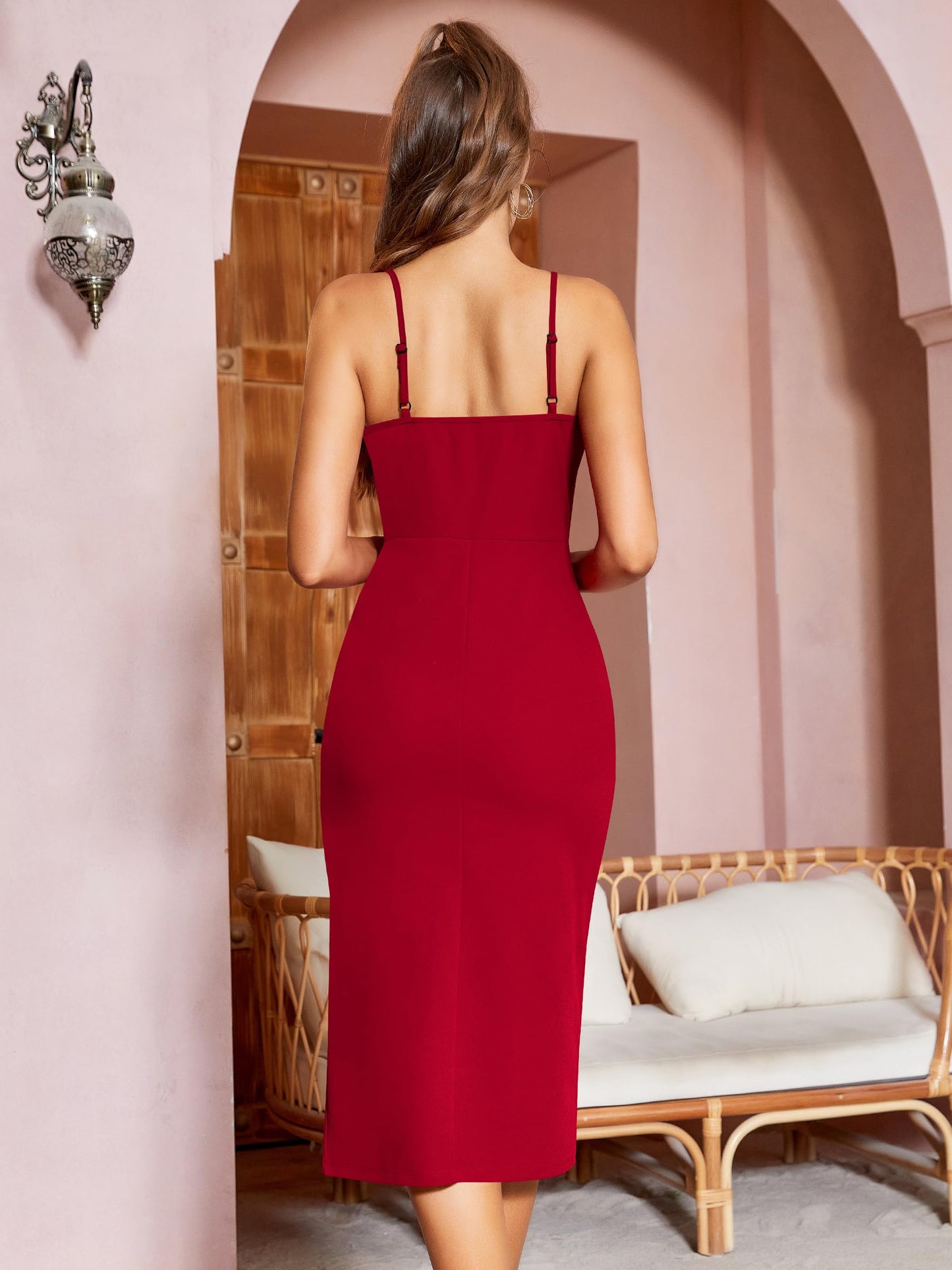 Missufe Damen Cocktailkleid Partykleid Wickelkleid Sommerkleid Midikleid Festliche Elegant Bodycon Hochzeit Ärmellos Spaghettiträger Abendkleider