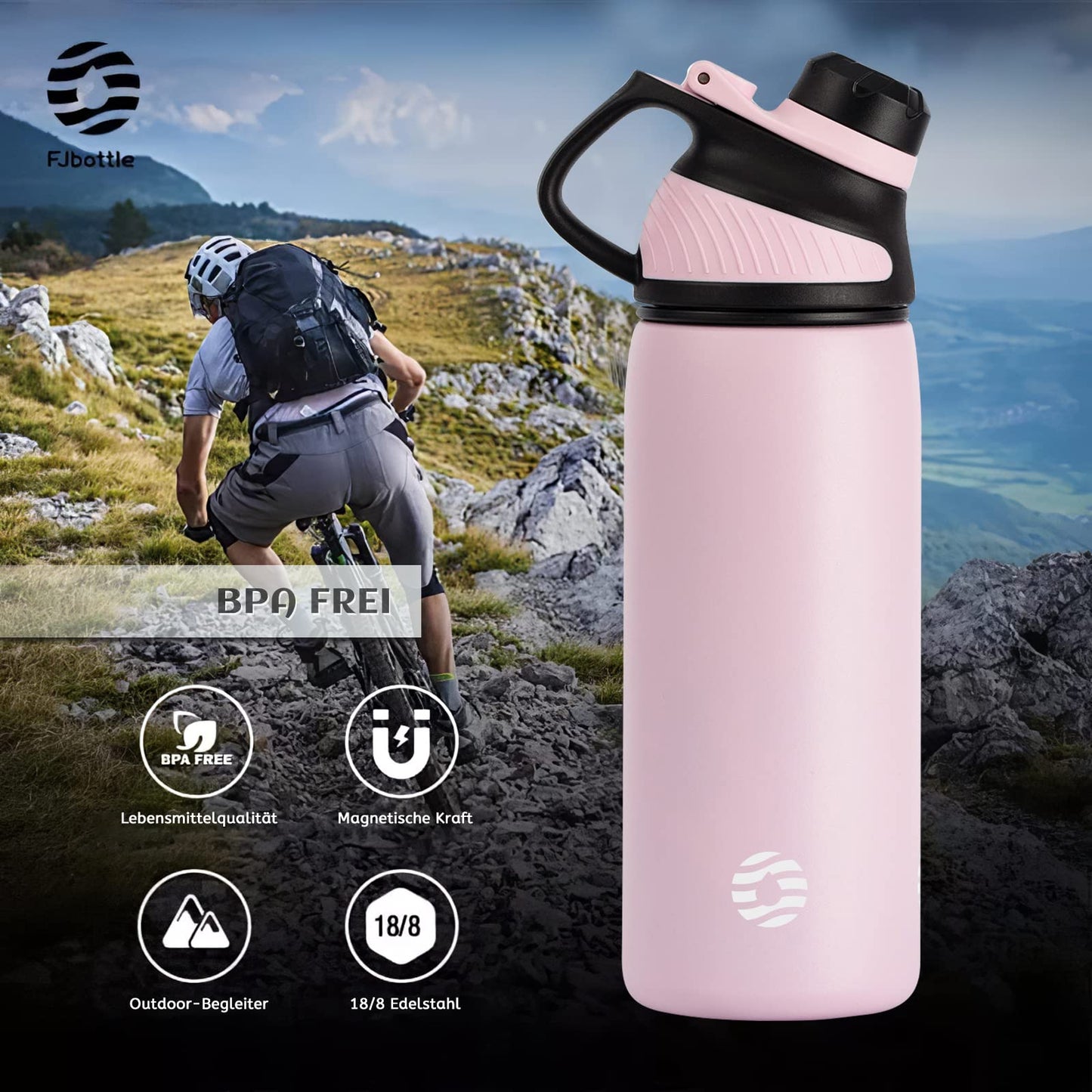 Fjbottle Edelstahl Trinkflasche Sport mit Magnetischem Deckel 1L, 800ml, 600ml, 400ml BPA-Frei Auslaufsichere Kinder Flasche - Kohlensäure geeignet 1500ML Wasserflasche Thermo für Schule, Fitness