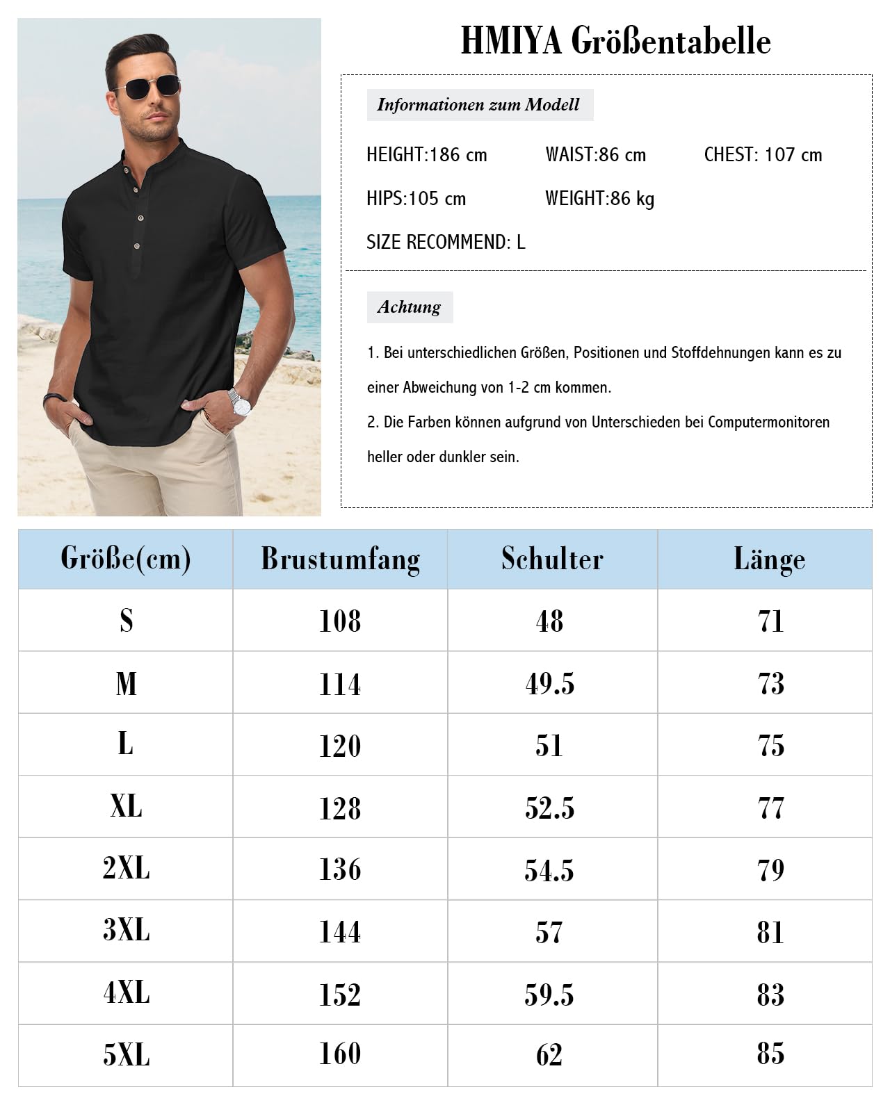 HMIYA Herren Sommerhemd Baumwolle Leinen Kurzarm Hemd Herren Henley-Kragen Lässiges Regular Fit Shirts
