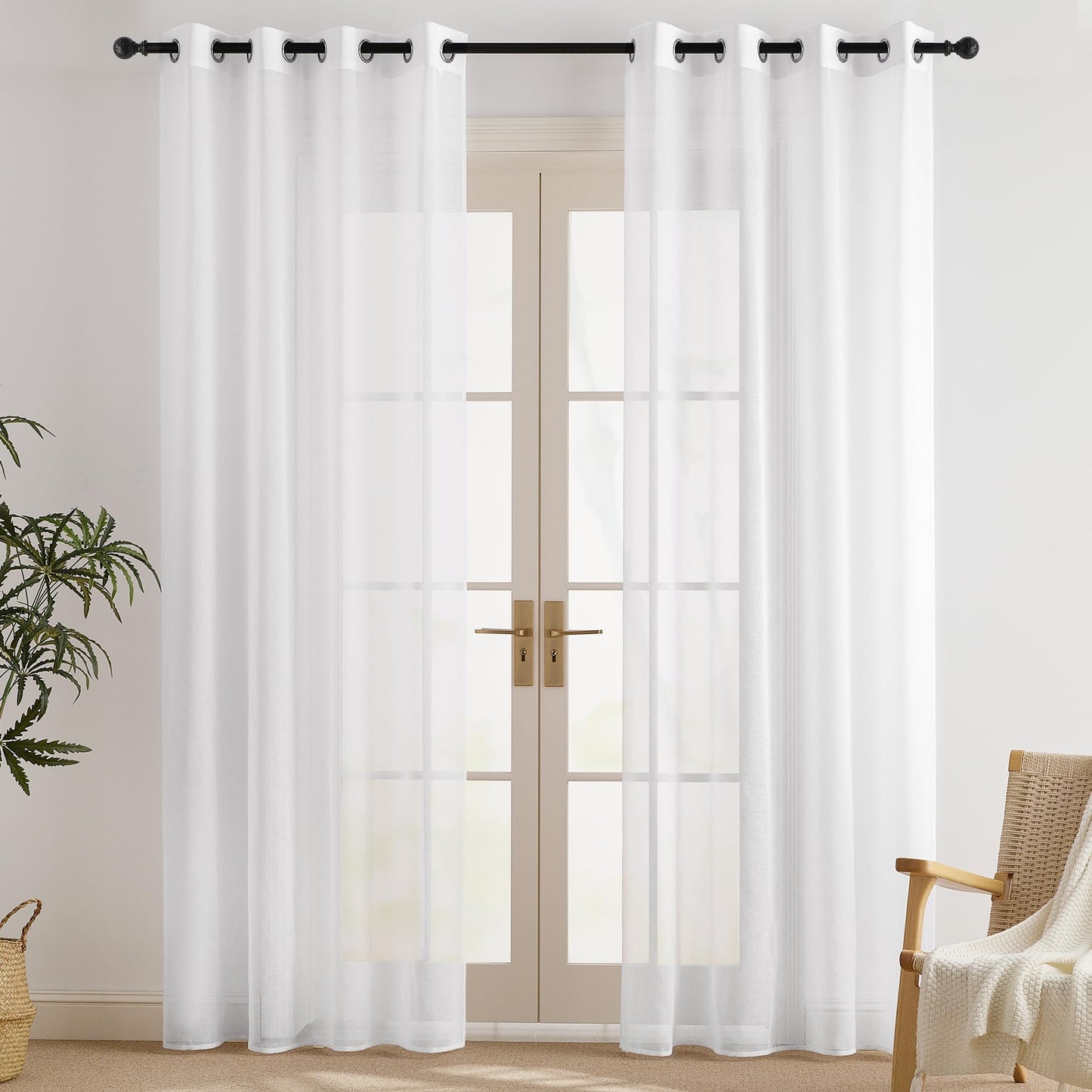 PONY DANCE Voile Gardinen Weiss Transparent Ösenvorhang 2er Set H 160 x B 140 cm Wohnzimmer Gardinen Kurz Durchlässige Vorhänge Weiß Vorhang Leinenoptik Schlafzimmer