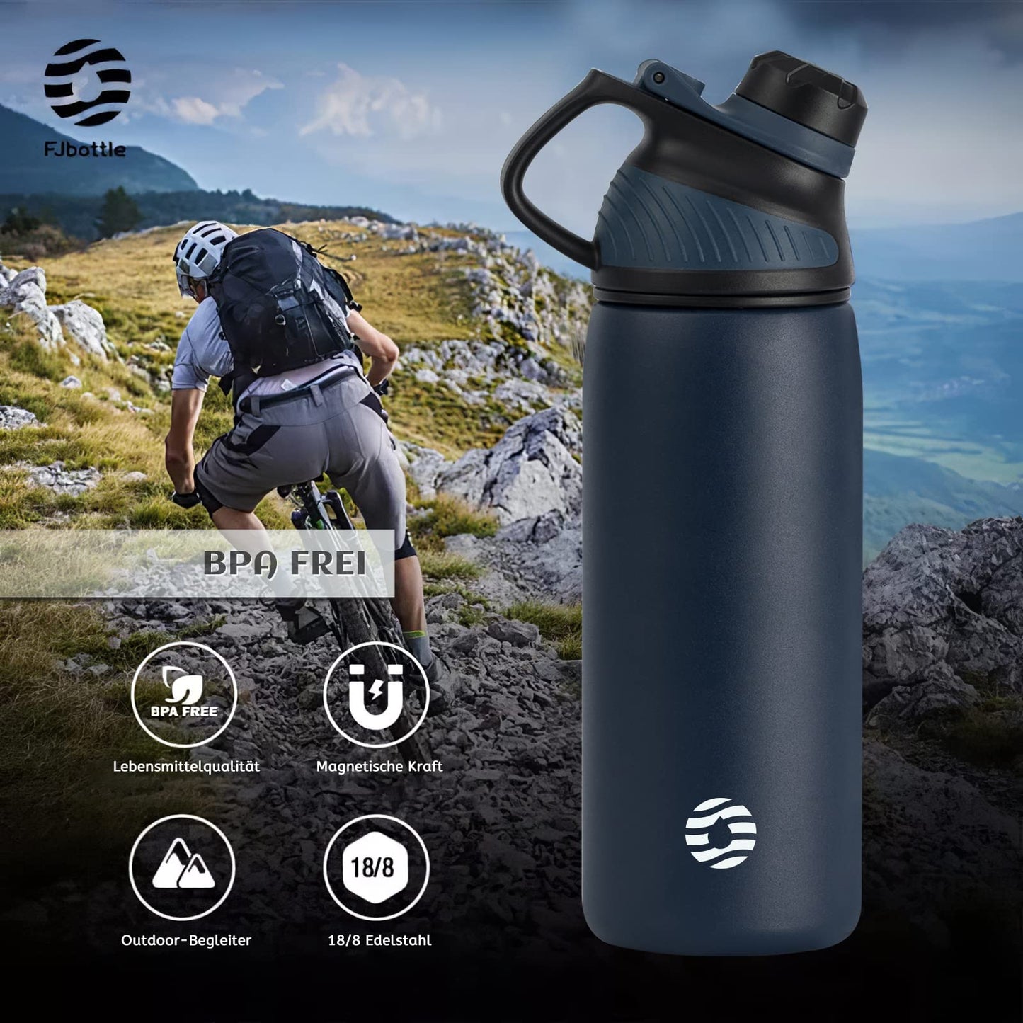 Fjbottle Edelstahl Trinkflasche Sport mit Magnetischem Deckel 1L, 800ml, 600ml, 400ml BPA-Frei Auslaufsichere Kinder Flasche - Kohlensäure geeignet 1500ML Wasserflasche Thermo für Schule, Fitness