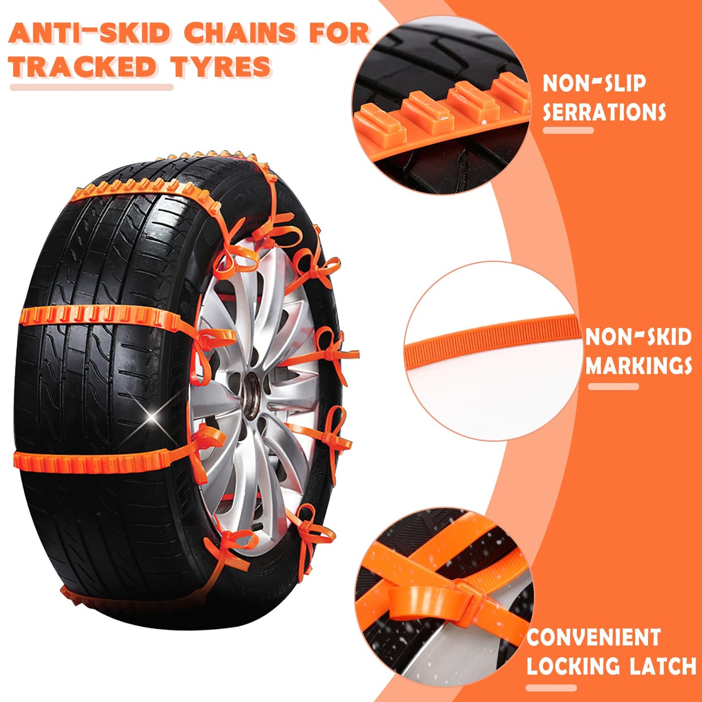 badaren Schneeketten, 10 Stück Notfall-Anti-Rutsch-Universal-Autoreifenketten, Wiederverwendbare Auto Schneeketten, Geeignet für Pkw/Geländewagen/Lkw/Suv, Einsetzbar Auf Schnee, Schlamm (Orange A)