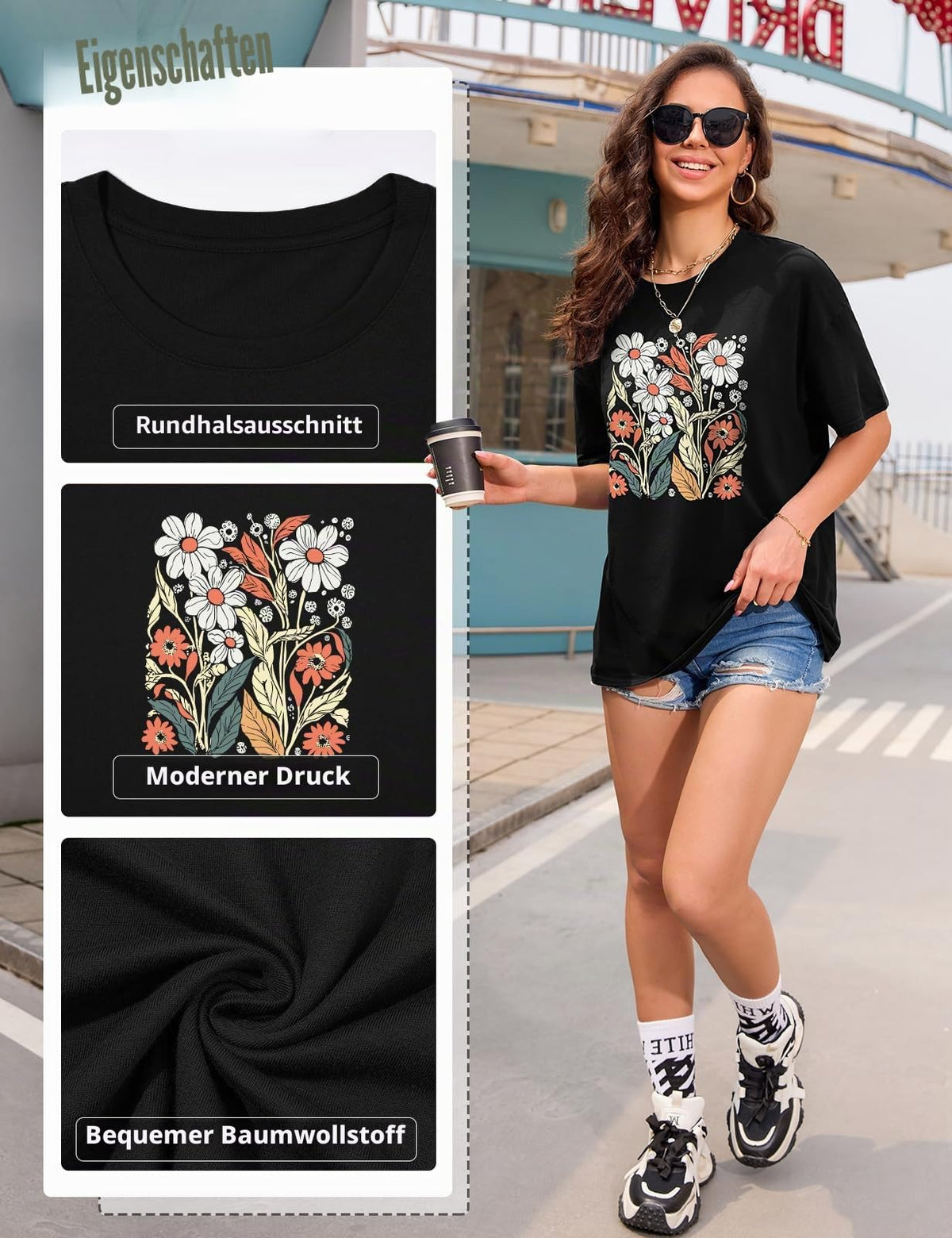 Lonya T Shirt Damen Oversized Vintage Rundhals Kurzarm 80er Jahre Brief Gedruckt Schleife Blumen Sonne Mond Muster Sommer Bluse Baumwolle Oberteile Tops Retro 80s Casual Lockere Basic Tee Shirt
