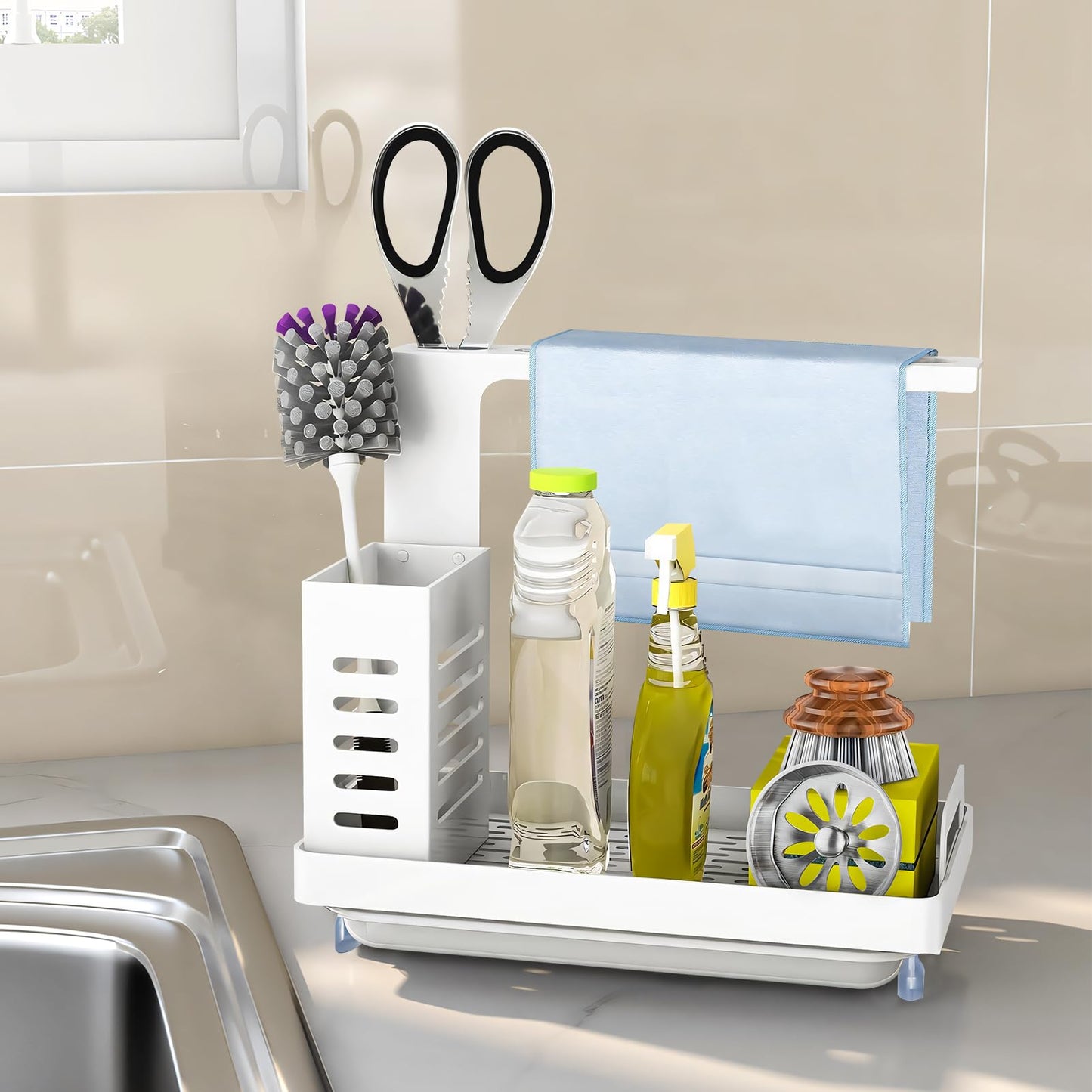 Shunfaji Spülbecken Organizer Spülbecken Caddy Organizer Edelstahl Utensilien Korb für Küche & Badezimmer mit Abflusspfanne, Klebstoff Arbeitsplatte Dual-Use Schwamm Bürste Seifenschale Halter