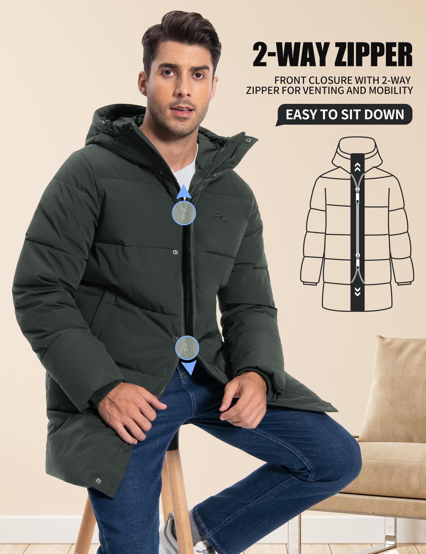 Pioneer Camp Men's Winter Jacket Long Windproof Waterproof Warm Down Jacket Winter Outdoor Parka Jacket with Hood