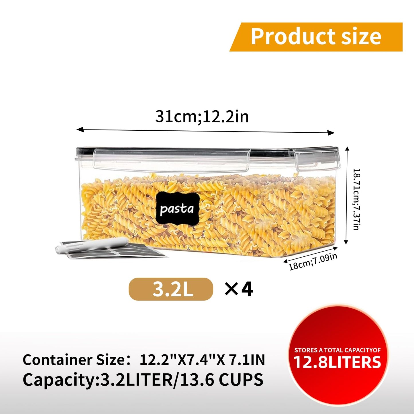 stusgo 24 Airtight Food Storage Containers with Lids Plastic Containers for Kitchen and Organization Cereal Flour and Sugar BPA Free Includes Spoon, Labels and a Pen