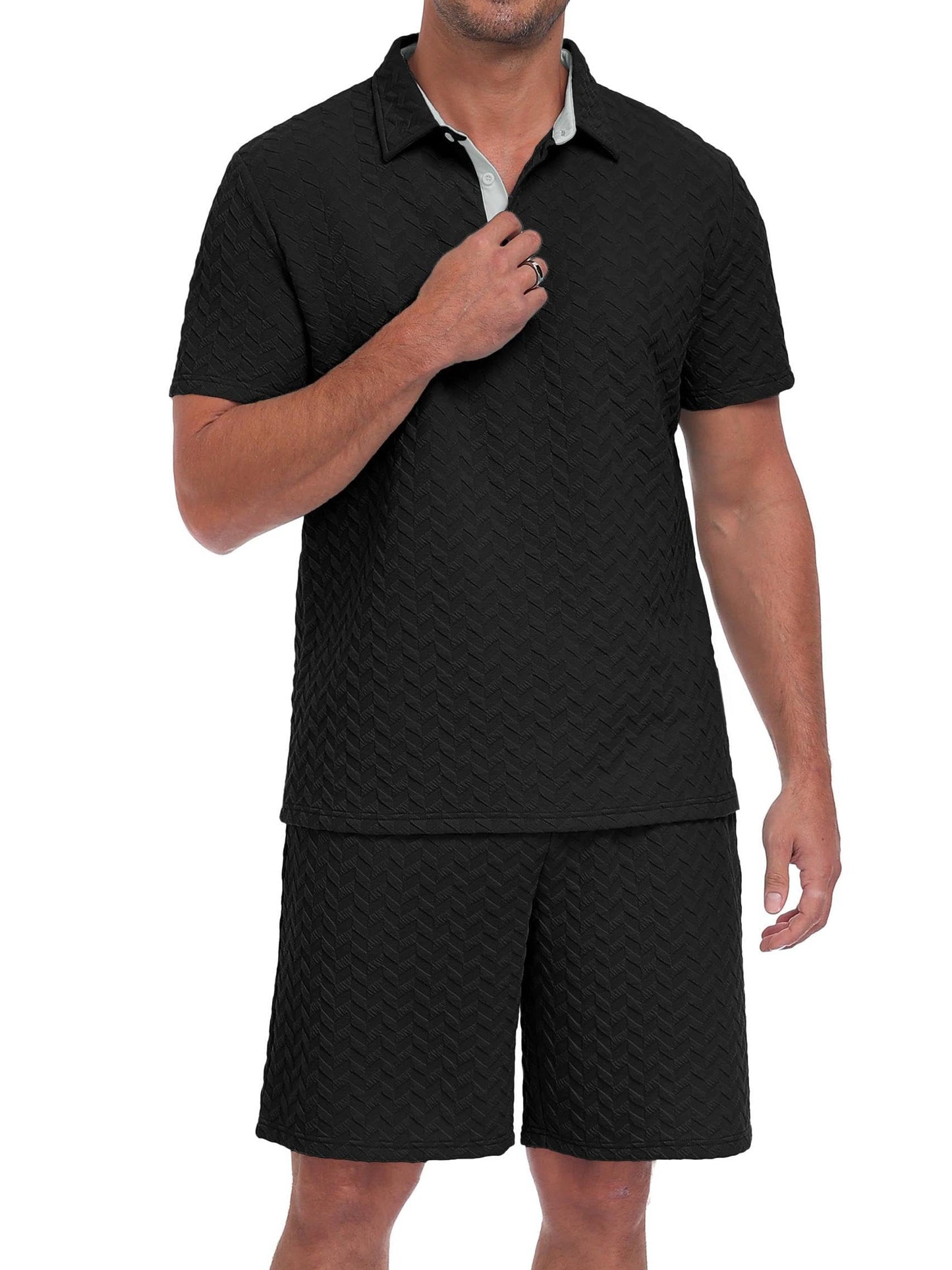 QIXING Herren Sommer Set 2 Teiler Polohemd und Shorts Set Herren Kurzarm Polo Shirt mit Strukturmuster Leichtes Freizeit Outfit für Urlaub Strand Reisen und Alltag