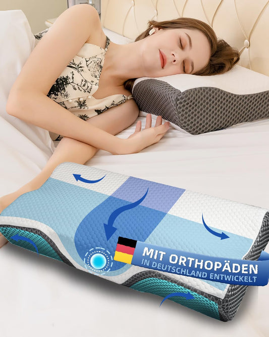 IDEA Kopfkissen Nackenschmerzen, Ergonomisches Orthopädisches Kissen Nackenkissen, Memory Foam Kissen für Seiten, Rücken& Bauchschläfer, Antischnarchkissen für Männer Frauen (62 * 34.5 * 12/8CM)