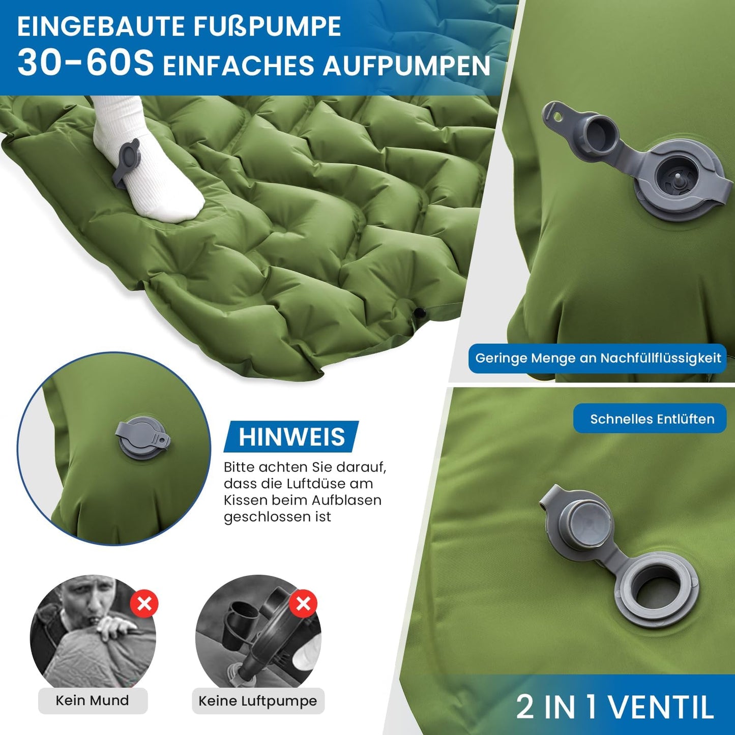 KingCamp Camping Isomatte Selbstaufblasend mit Fußpumpe, Luftmatratze 1 Personen mit integrierten Kopfkissen Outdoor Ultraleichte Campingmatte kleines Packmass, für Camping, Wandern, Trekking