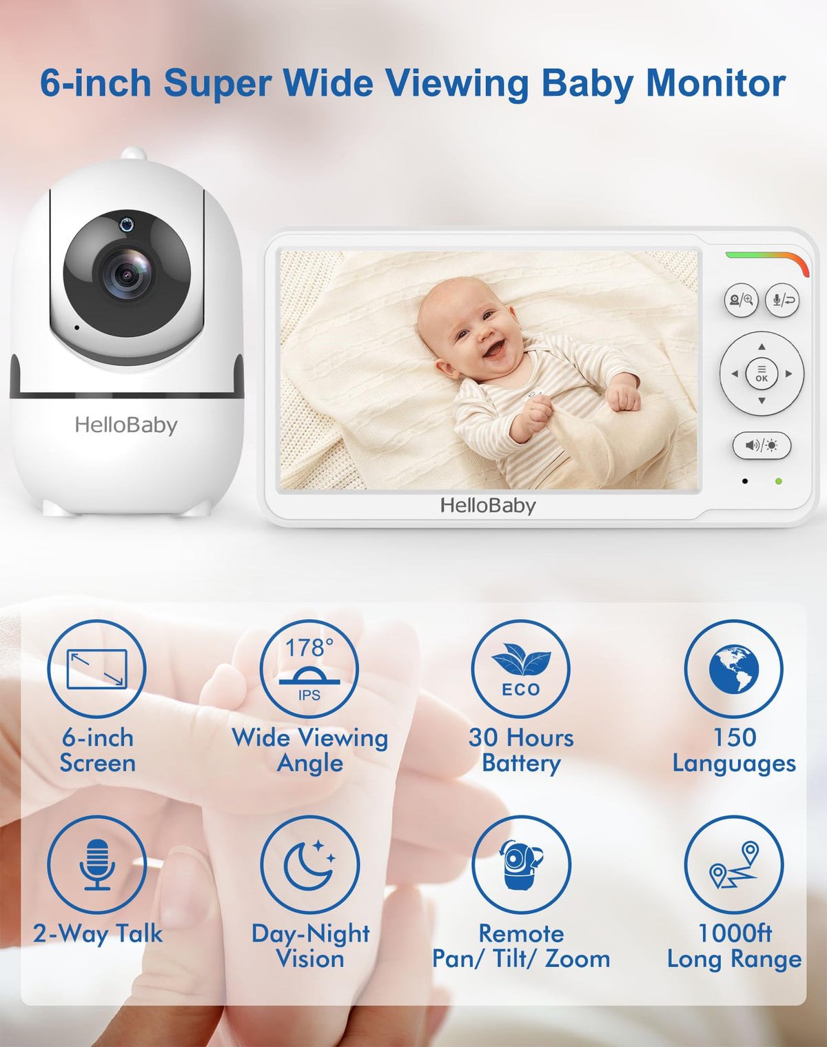 HelloBaby Babyphone mit Kamera, Kein WLAN, 5" IPS, HB6550, 3500 mAh