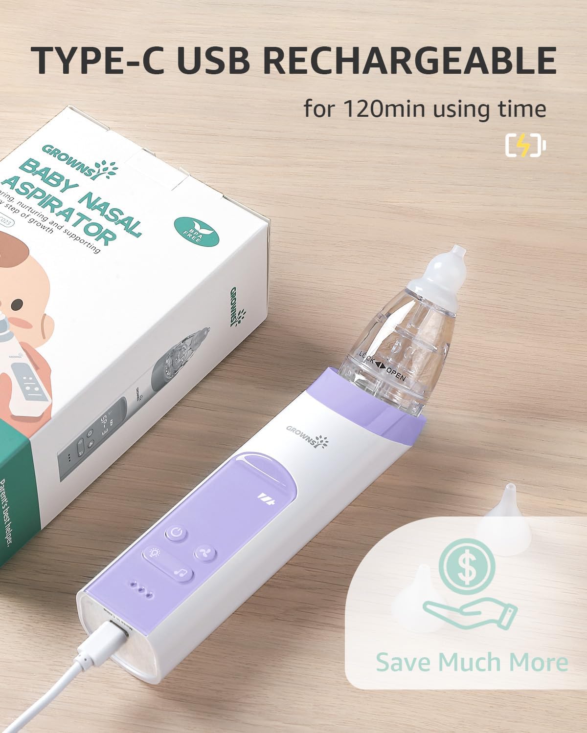 GROWNSY Nasensauger Baby | Nasensauger Baby Elektrisch| Nasensauger Baby Staubsauger Wiederaufladbar, Mit 3 SaugstäRken Musik & Licht Beruhigender Funktion Und 3 GrößEn Silikon Tipps