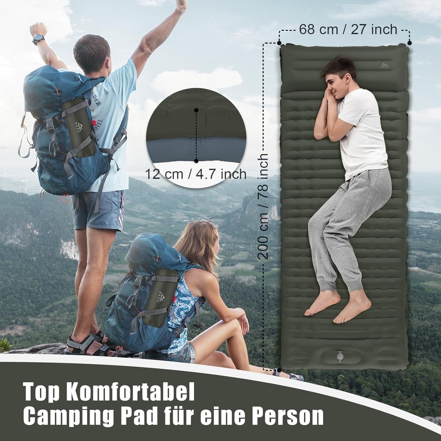 GGOV Isomatte Selbstaufblasend für Camping, 12 cm Höhe Bequeme Selbstaufblasende luftmatratze für Wandern, Ultraleicht Wasserdicht Luftmatratze Outdoor, mit Fußpresse Pumpe, Tragbar Kleines Packmass