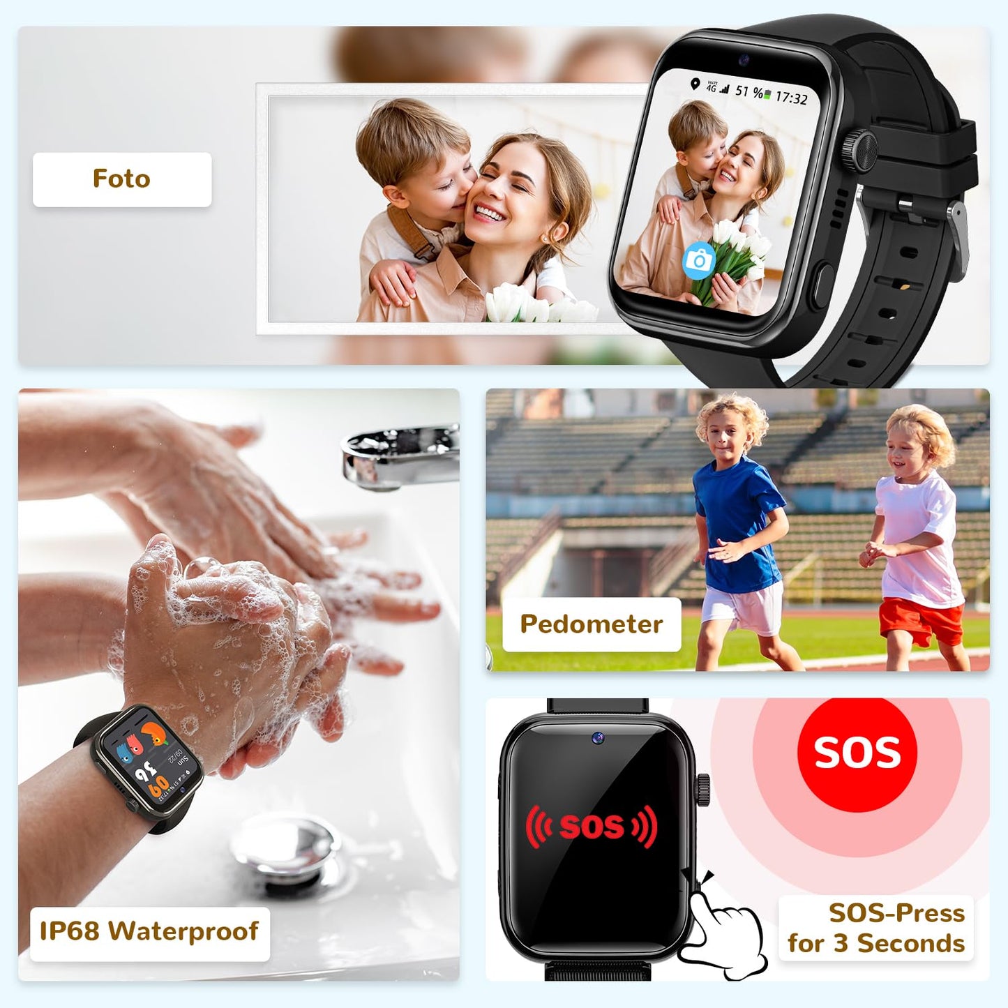 4G Children's Smartwatch with Video Call and Phone, IP68 Waterproof Children's Watch Voice Chat, WhatsApp, WiFi, GPS, SOS, SMS, School Mode, Pedometer, Sleep Alarm Clock, Children's Watch for Girls
