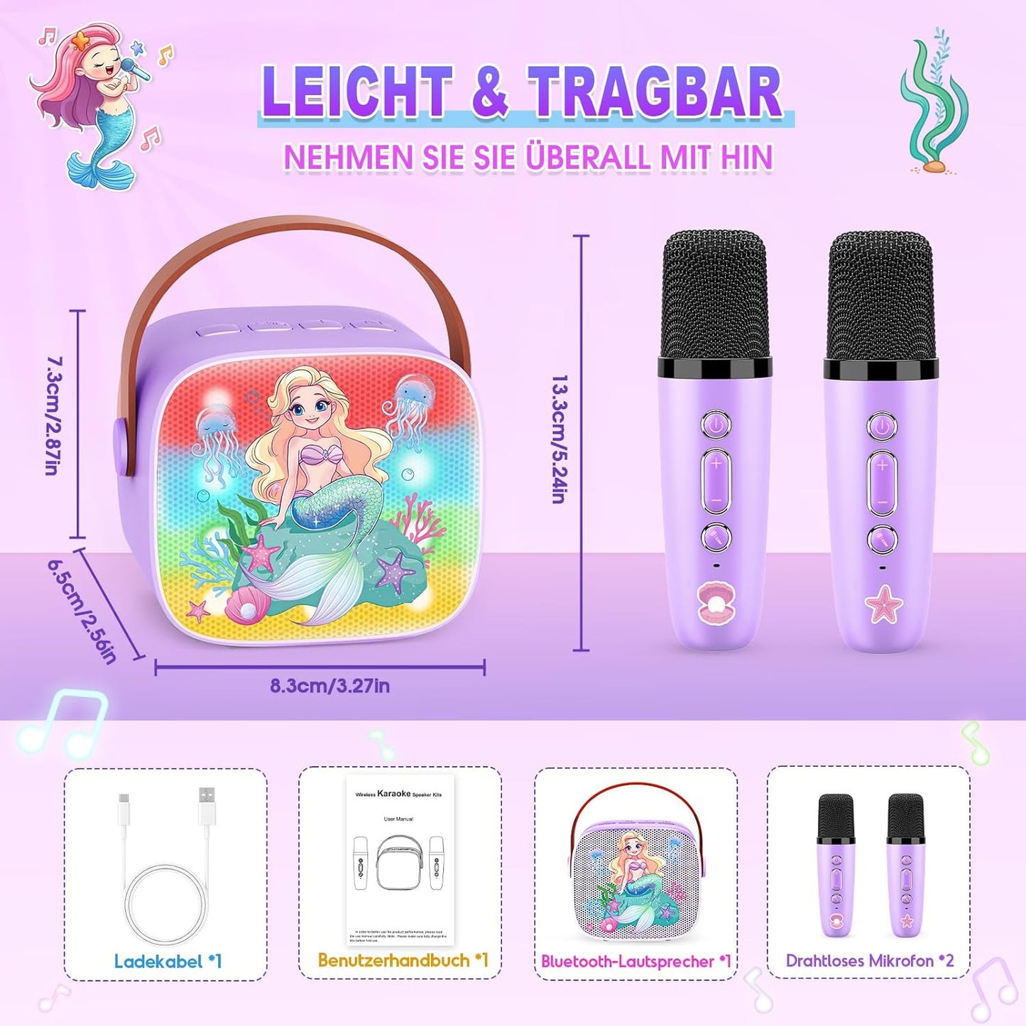 Karaoke Machine with 2 Bluetooth Microphones, Children's Unicorn Christmas Gifts Toy for Girls 3-12 Years, Portable Karaoke Microphone Set with DSP and LED Lights