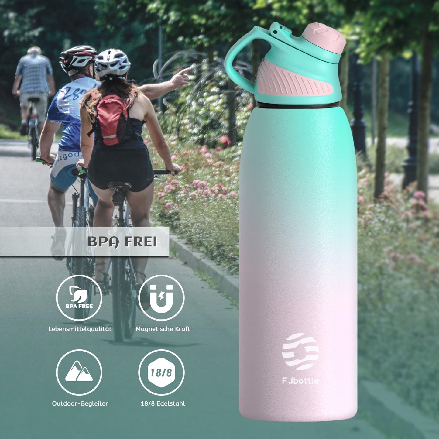 Fjbottle Edelstahl Trinkflasche Sport mit Magnetischem Deckel 1L, 800ml, 600ml, 400ml BPA-Frei Auslaufsichere Kinder Flasche - Kohlensäure geeignet 1500ML Wasserflasche Thermo für Schule, Fitness