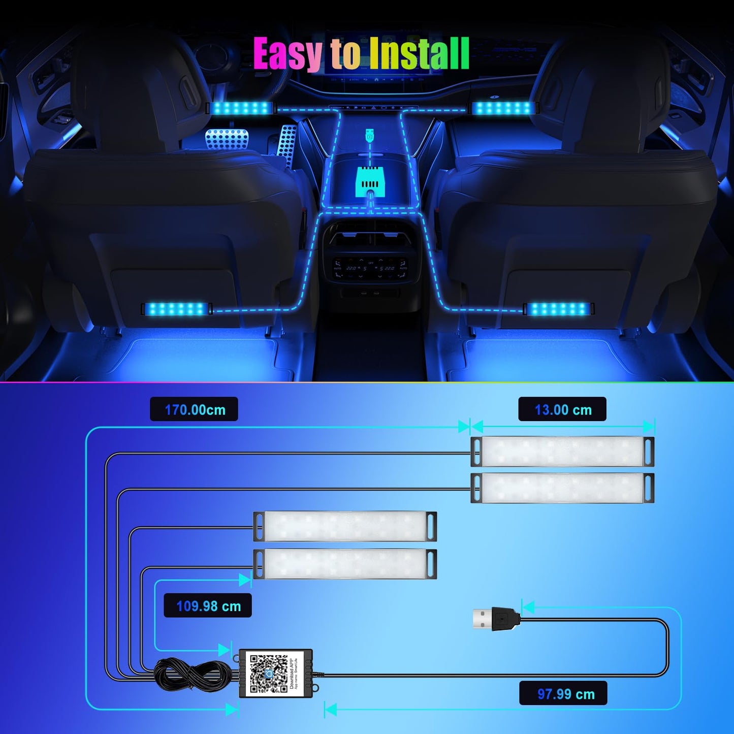 YiLaie RGB LED Interior Lighting Car, Ambient Lighting Car with App Control and 16 Million Colours, Music Mode, Colour Memory, Three Button Control Box, Cigarette Lighter, 12 V
