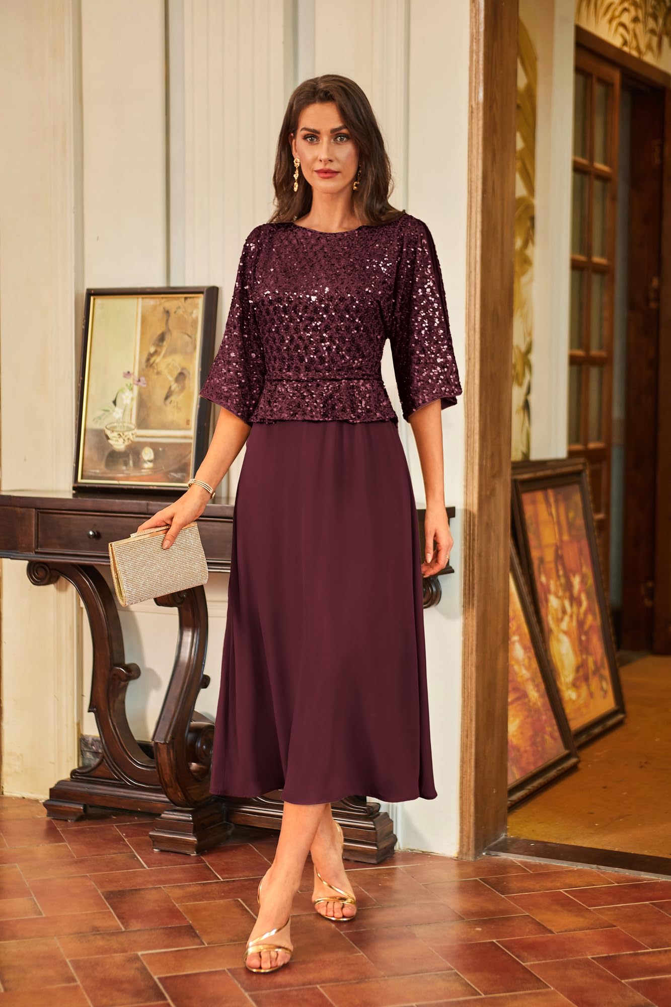 GRACE KARIN Cocktailkleid Damen Elegant Fledermaus Kleid 3/4 Ärmel A-Linie Glitzer Kleid Party Maxikleid