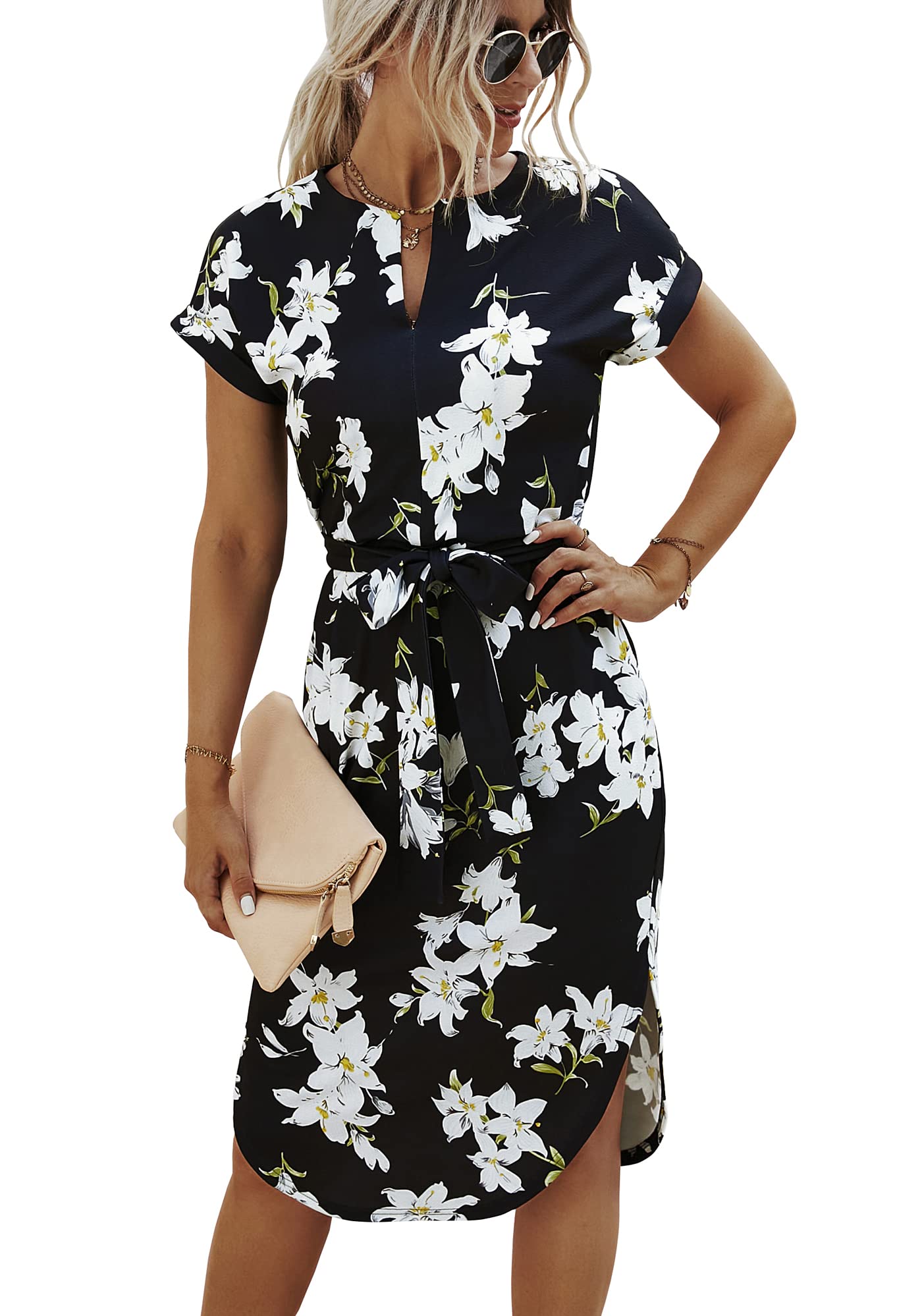 Ajpguot Sommerkleid Damen Elegant Kleider Kurzarm V-Ausschnitt Strandkleid Blumen Knielang Kleid mit Gürtel Partykleid Abendkleid