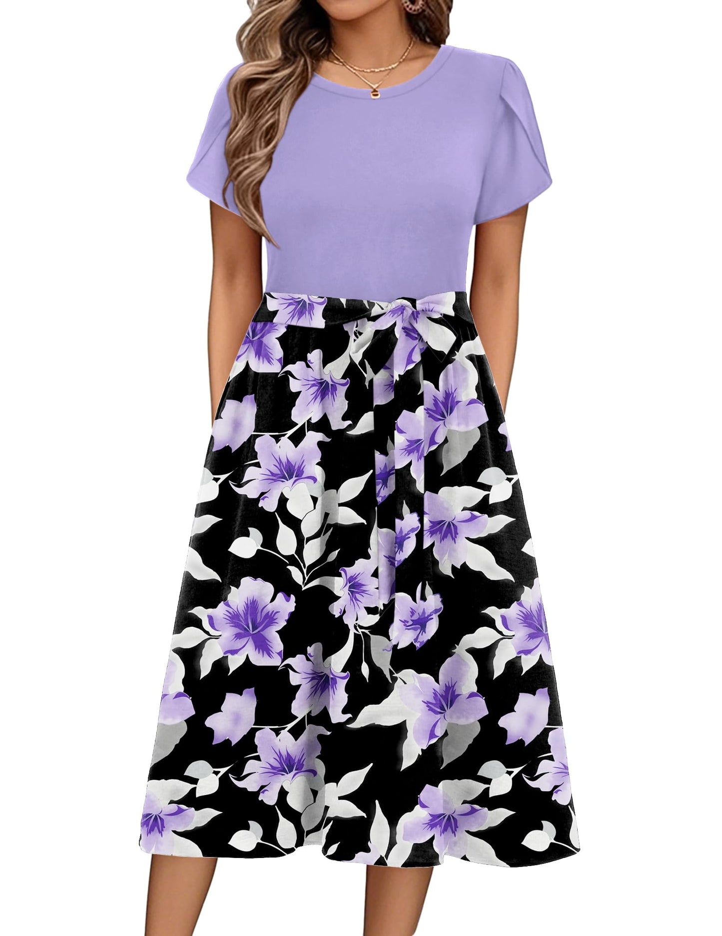 ZEAGOO Sommerkleid Damen Elegant Kleider Kurzarm Rundhals Midikleid A-Linie Blumenkleid Casual Tunika Kleid Hohe Taille Strandkleid mit Taschen S-XXL