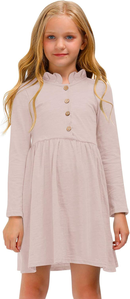 BesserBay Kinder Vintage Einfarbig Jerseykleid Long Sleeve mit Geknöpfte Elegant Schulkleid for Spring Rosa 140