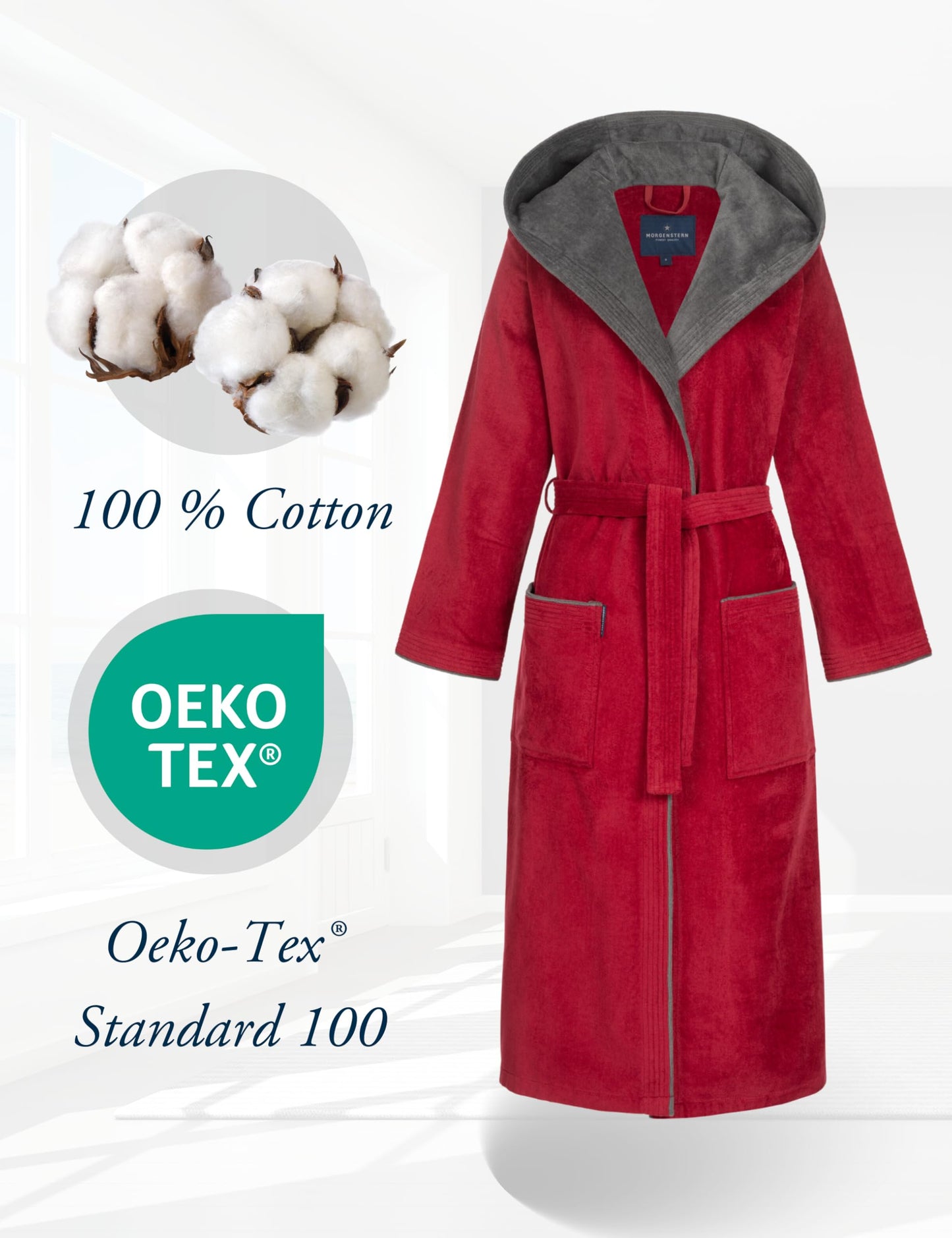 Morgenstern Bademantel Damen 100% Baumwolle mit Kapuze Frottee-Velours OEKO-TEX Leonie