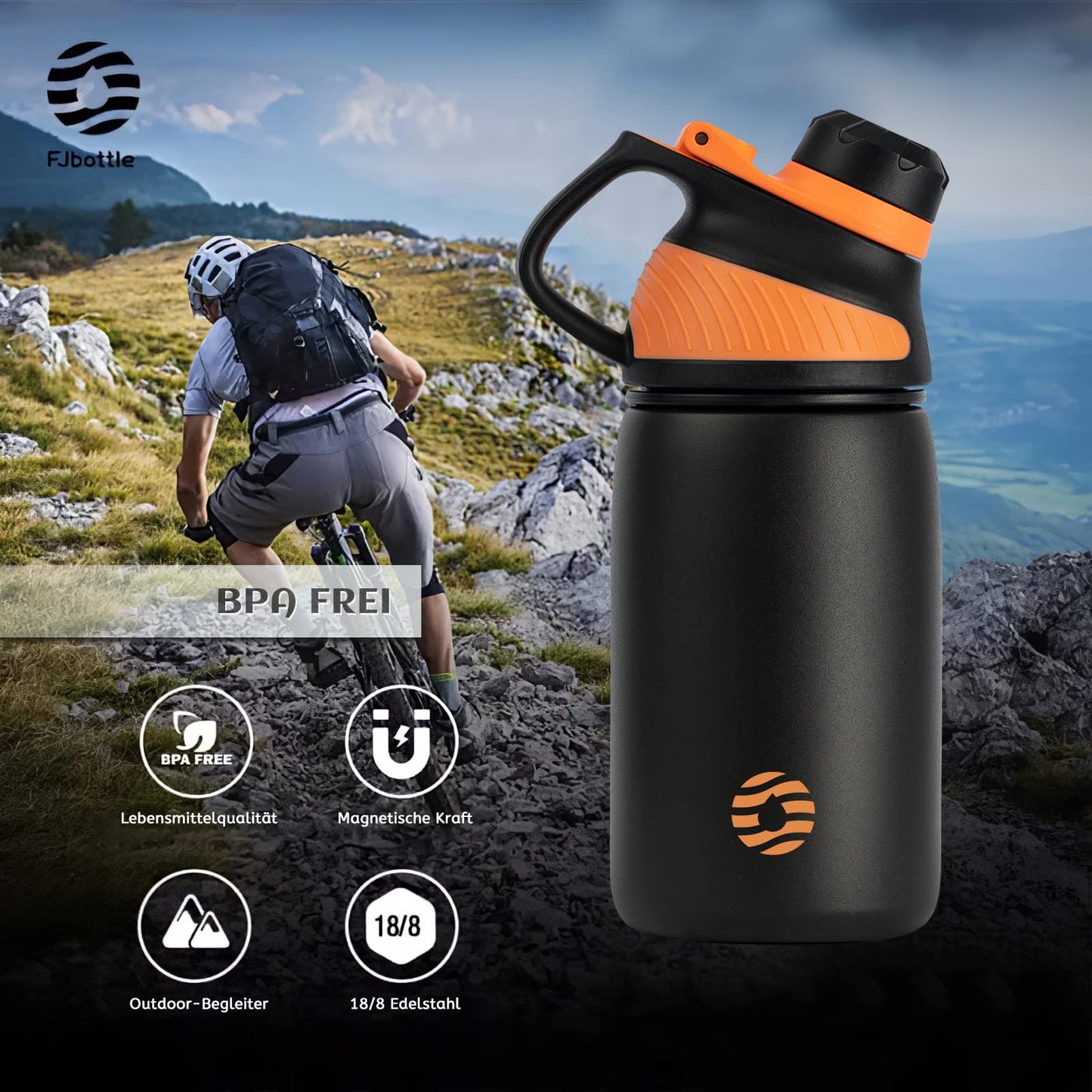 Fjbottle Edelstahl Trinkflasche Sport mit Magnetischem Deckel 1L, 800ml, 600ml, 400ml BPA-Frei Auslaufsichere Kinder Flasche - Kohlensäure geeignet 1500ML Wasserflasche Thermo für Schule, Fitness