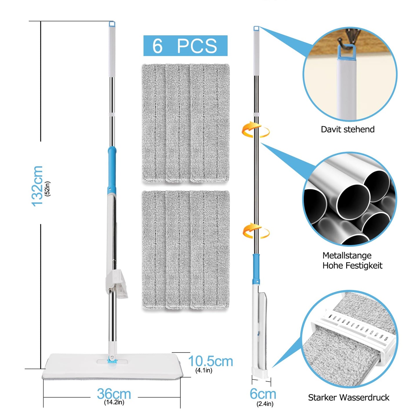 Masthome Wischmopp Bodenwischer Bodenreiniger,Mikrofaser Mopp mit 128cm Teleskopstiel,Wischer Boden Flachmopp mit 4 Moppads für Hartholz,Laminat,Fliesen,Marmor,Send Scraping Dust