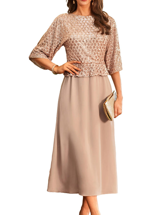 GRACE KARIN Cocktailkleid Damen Elegant Fledermaus Kleid 3/4 Ärmel A-Linie Glitzer Kleid Party Maxikleid