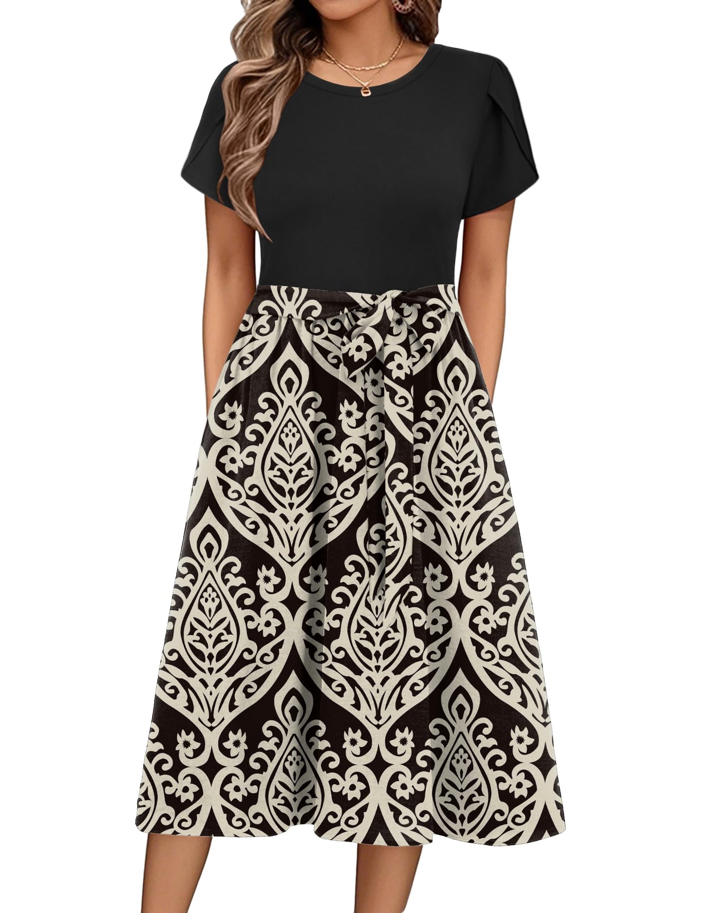 ZEAGOO Sommerkleid Damen Elegant Kleider Kurzarm Rundhals Midikleid A-Linie Blumenkleid Casual Tunika Kleid Hohe Taille Strandkleid mit Taschen S-XXL