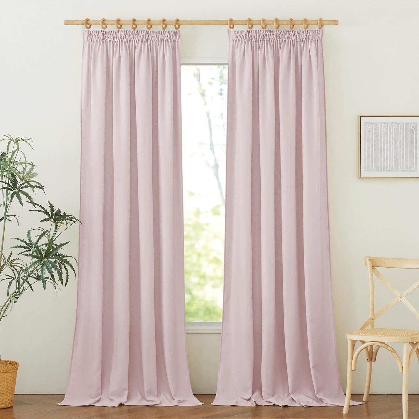 PONY DANCE Leinenvorhang Kräuselband Wohnzimmer Vorhänge Boho 2er Set H 245 x B 140 cm Leinen Gardinen für Schienensystem Leinenoptik Vorhänge Halbtransparent Linen Curtains Living Room, Beige