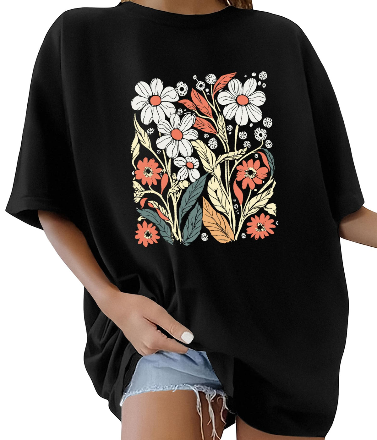 Lonya T Shirt Damen Oversized Vintage Rundhals Kurzarm 80er Jahre Brief Gedruckt Schleife Blumen Sonne Mond Muster Sommer Bluse Baumwolle Oberteile Tops Retro 80s Casual Lockere Basic Tee Shirt