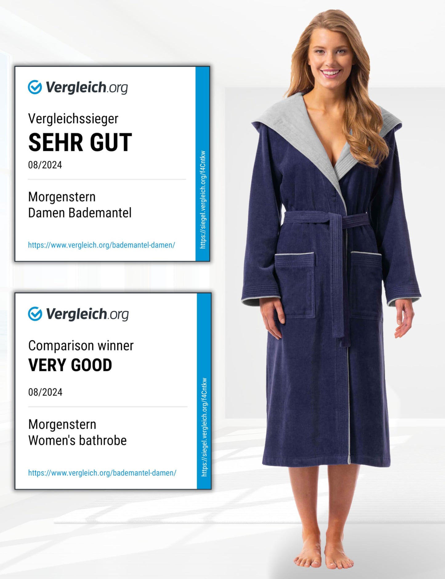 Morgenstern Bademantel Damen 100% Baumwolle mit Kapuze Frottee-Velours OEKO-TEX Leonie