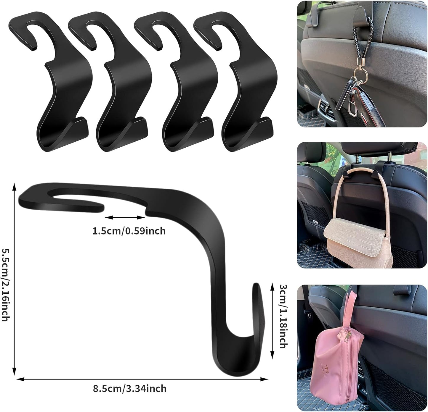 Pack of 4 Car Storage Hooks, Car Plastic Hooks, Back Seat Headrest Hooks, Storage Hooks for Car Seat, Back Seat Hooks, Headrest Hangers, Handbag Holders, Bag Hooks