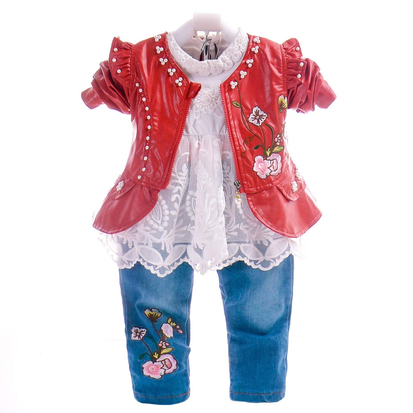 YYA 6M-4J Baby Mädchen Jeans 3-teiliger Anzug bestickter Spitzenrock Jeansjacke und Jeans