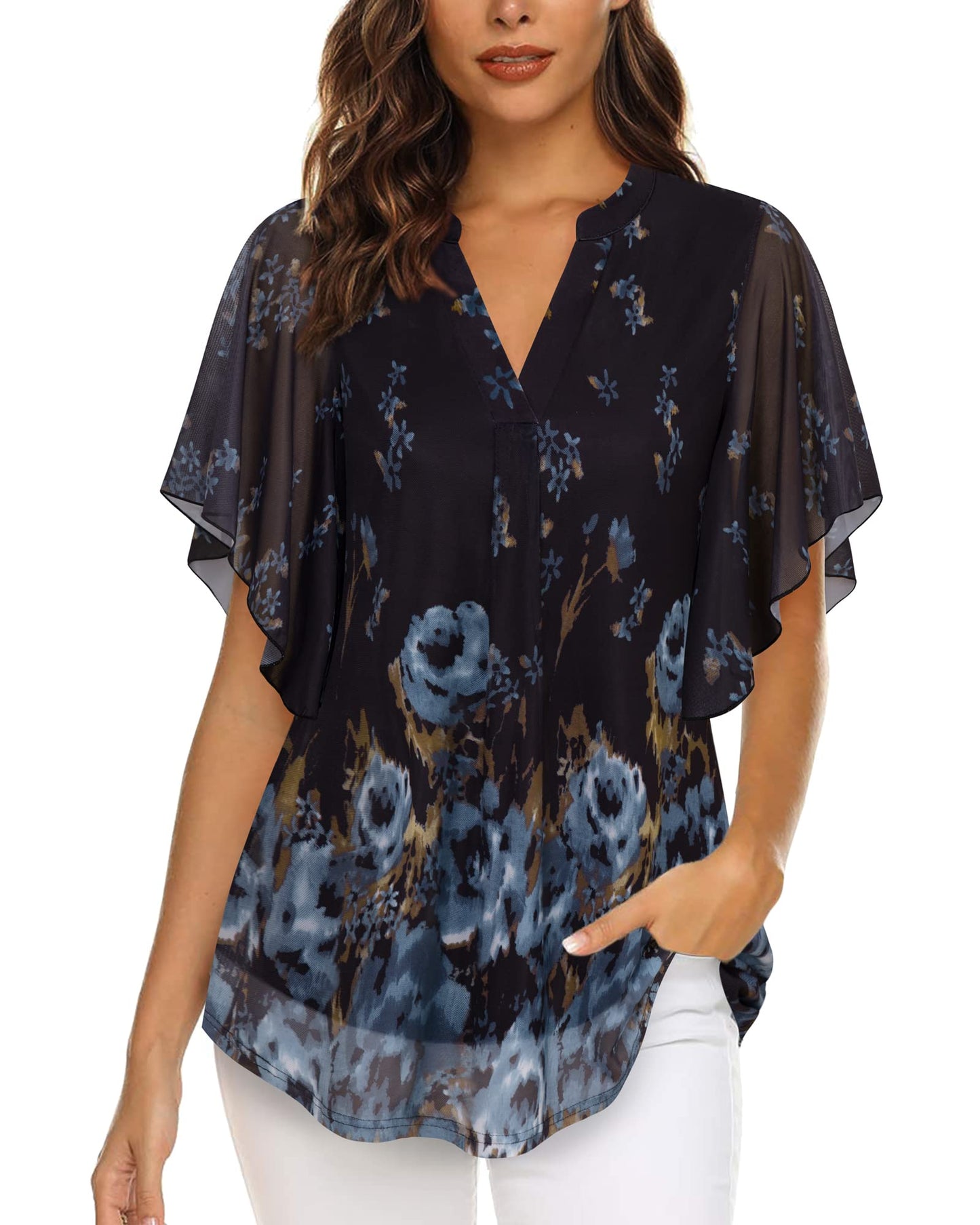 Vafoly Bluse Damen Elegant Kurzarm Sommer Tunika V-Ausschnitt Mesh Oberteil Blumen Doppellagige Tunika