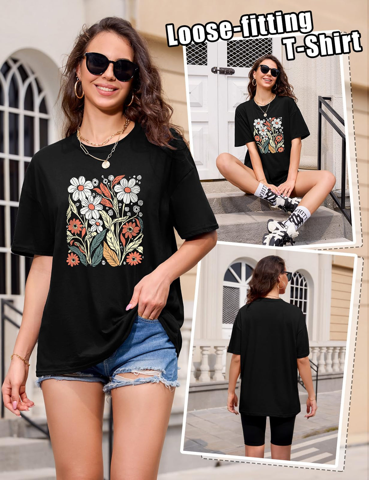 Lonya T Shirt Damen Oversized Vintage Rundhals Kurzarm 80er Jahre Brief Gedruckt Schleife Blumen Sonne Mond Muster Sommer Bluse Baumwolle Oberteile Tops Retro 80s Casual Lockere Basic Tee Shirt