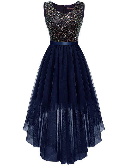 Berylove Kleid Festlich Damen Abendkleid mit Pailletten Cocktailkleid Ballkleid Lang Glitzer V Ausschnitt Ärmellos Tüllkleid