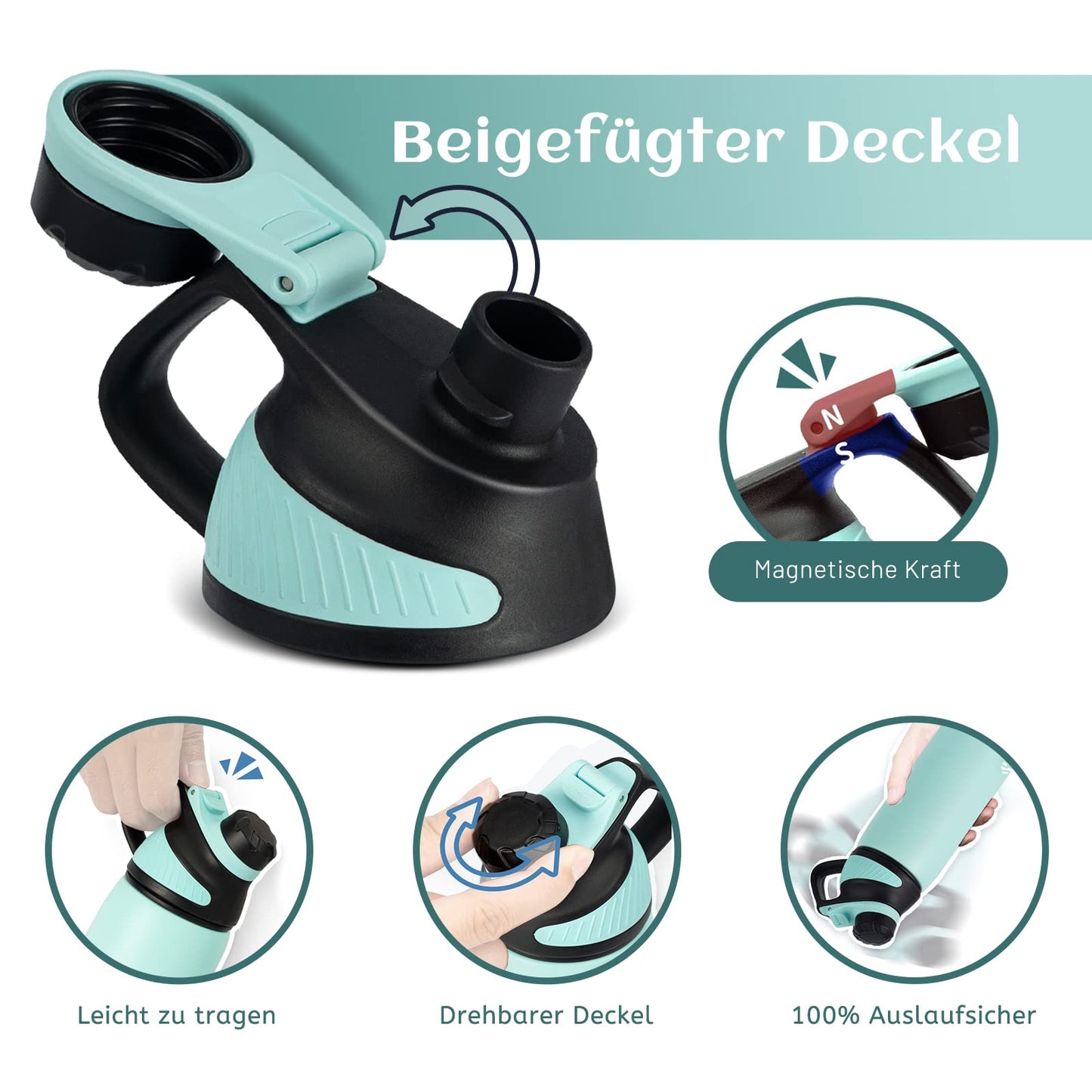 Fjbottle Edelstahl Trinkflasche Sport mit Magnetischem Deckel 1L, 800ml, 600ml, 400ml BPA-Frei Auslaufsichere Kinder Flasche - Kohlensäure geeignet 1500ML Wasserflasche Thermo für Schule, Fitness