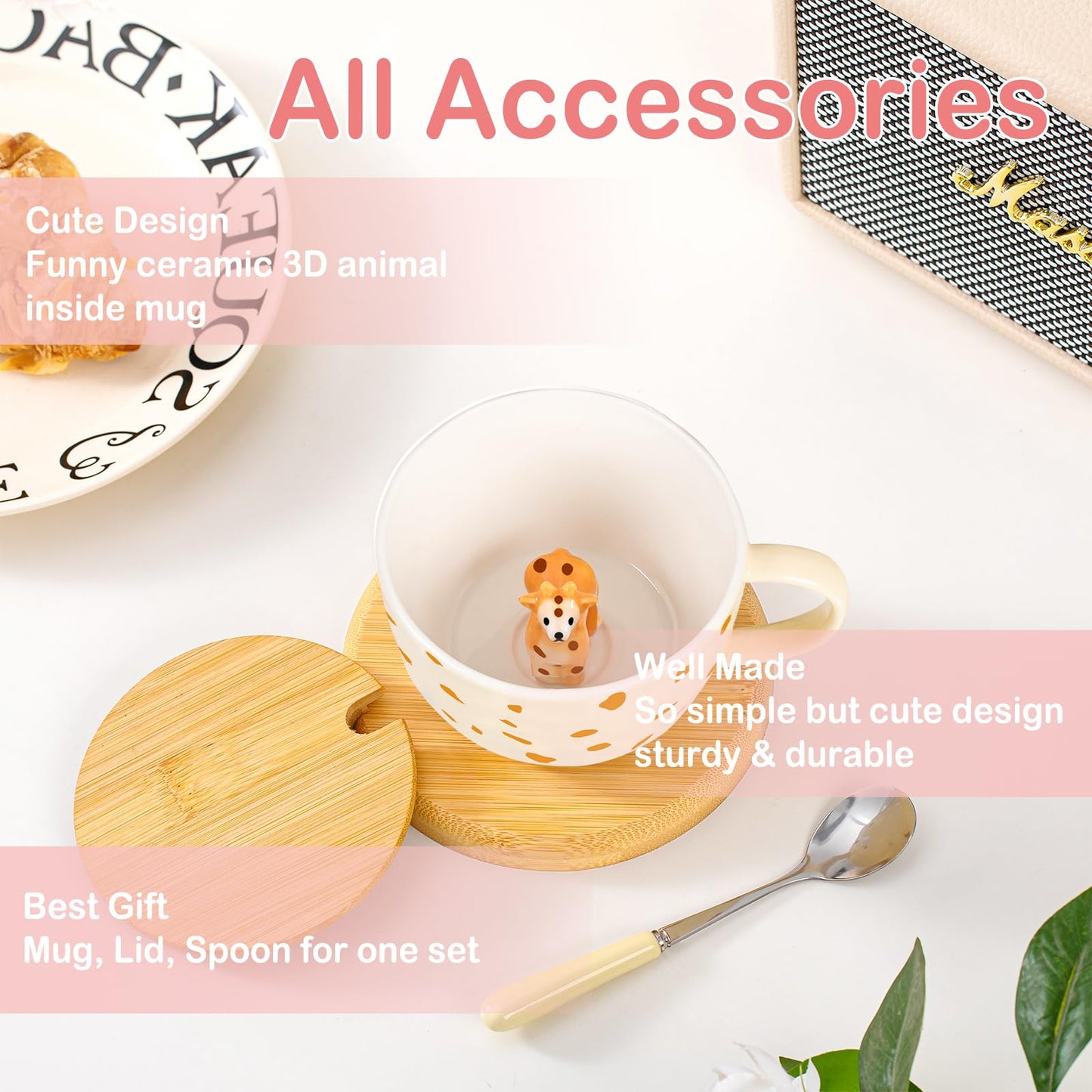 BigNoseDeer Süße Sachen Keramik Katze Kaffeetasse Teetasse Deckel Löffel Lustige Tassen Geschenke für Frauen Kaffeebecher 3D Tasse Personalisiert Cappuccino Tasse Beste Freundin Weihnachten Geschenk