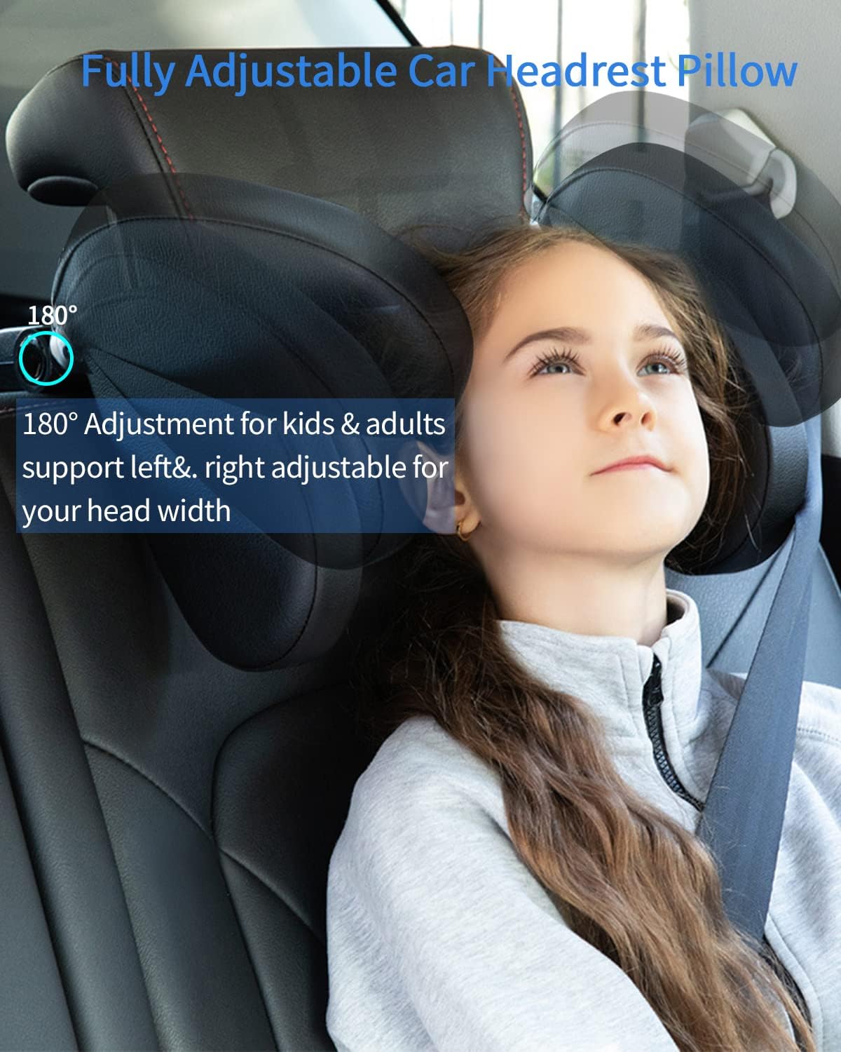 Children's Car Headrest, Neck Support for Children, Neck Pillow, Leather with Telescopic Rod and Sliding Clips, Quick Installation Travel Sleeping Pillow Headrest