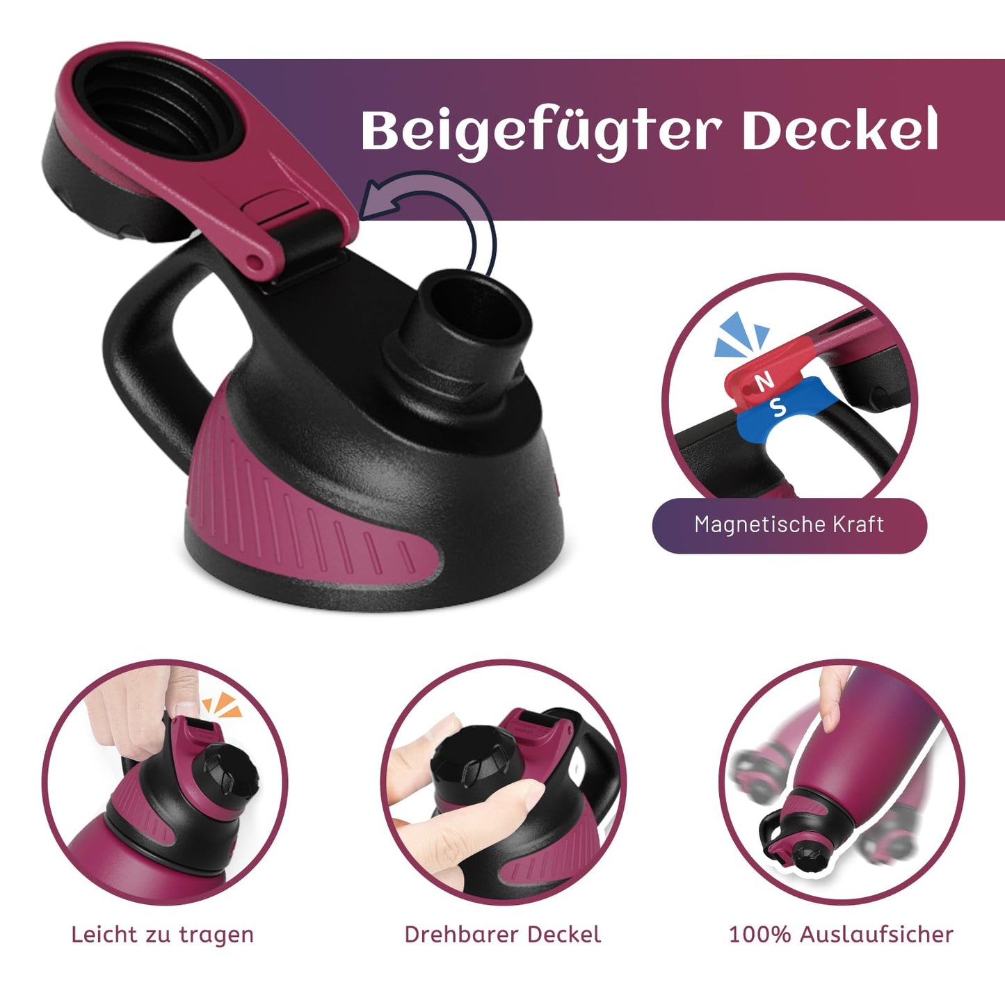 Fjbottle Edelstahl Trinkflasche Sport mit Magnetischem Deckel 1L, 800ml, 600ml, 400ml BPA-Frei Auslaufsichere Kinder Flasche - Kohlensäure geeignet 1500ML Wasserflasche Thermo für Schule, Fitness