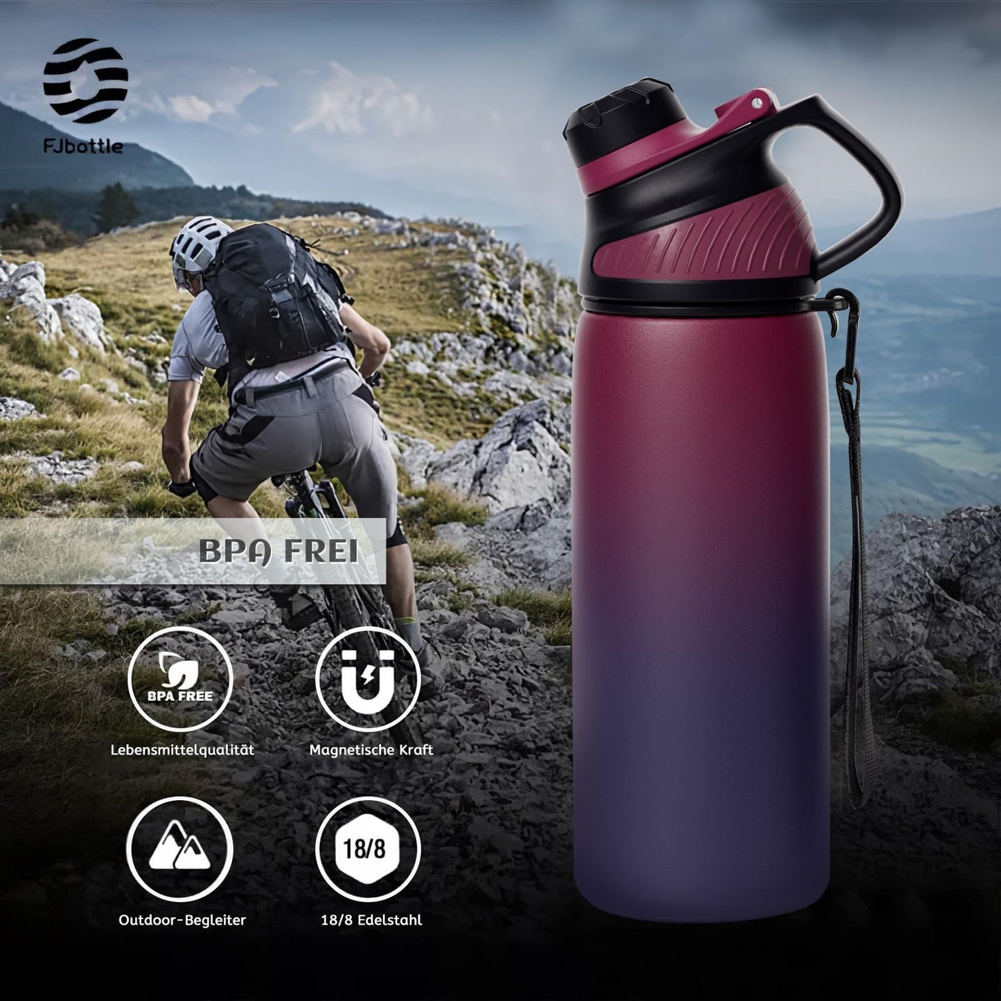 Fjbottle Edelstahl Trinkflasche Sport mit Magnetischem Deckel 1L, 800ml, 600ml, 400ml BPA-Frei Auslaufsichere Kinder Flasche - Kohlensäure geeignet 1500ML Wasserflasche Thermo für Schule, Fitness
