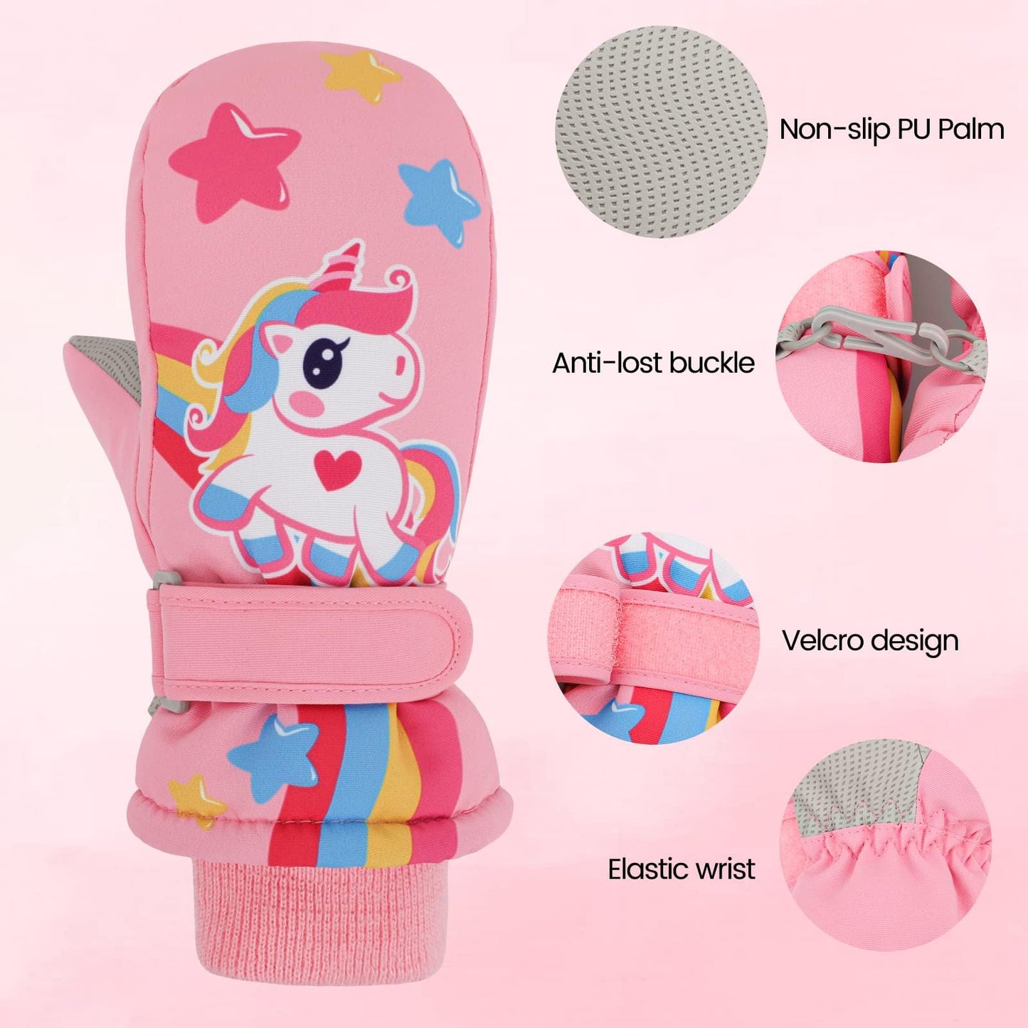 Children's Winter Ski Gloves Waterproof Snowboard Gloves Non-Slip Plush Lined Warm Unicorn Gloves for Girls Boys 2-9 Years Old
