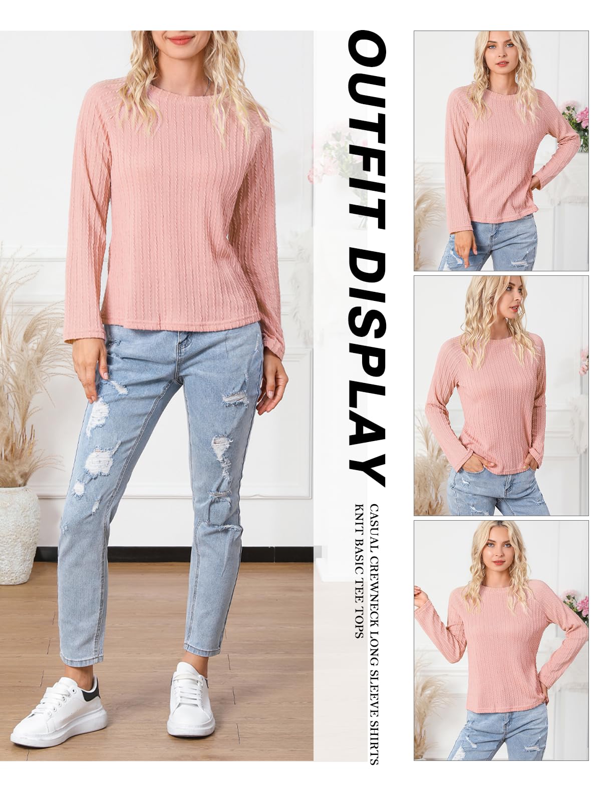 Dokotoo Langarmshirt Damen Rundhals Strickmuster T-Shirt Basic Longsleeve Shirts Herbst Winter Leichte Lässige Oberteile Tunika Pullover S-XXL
