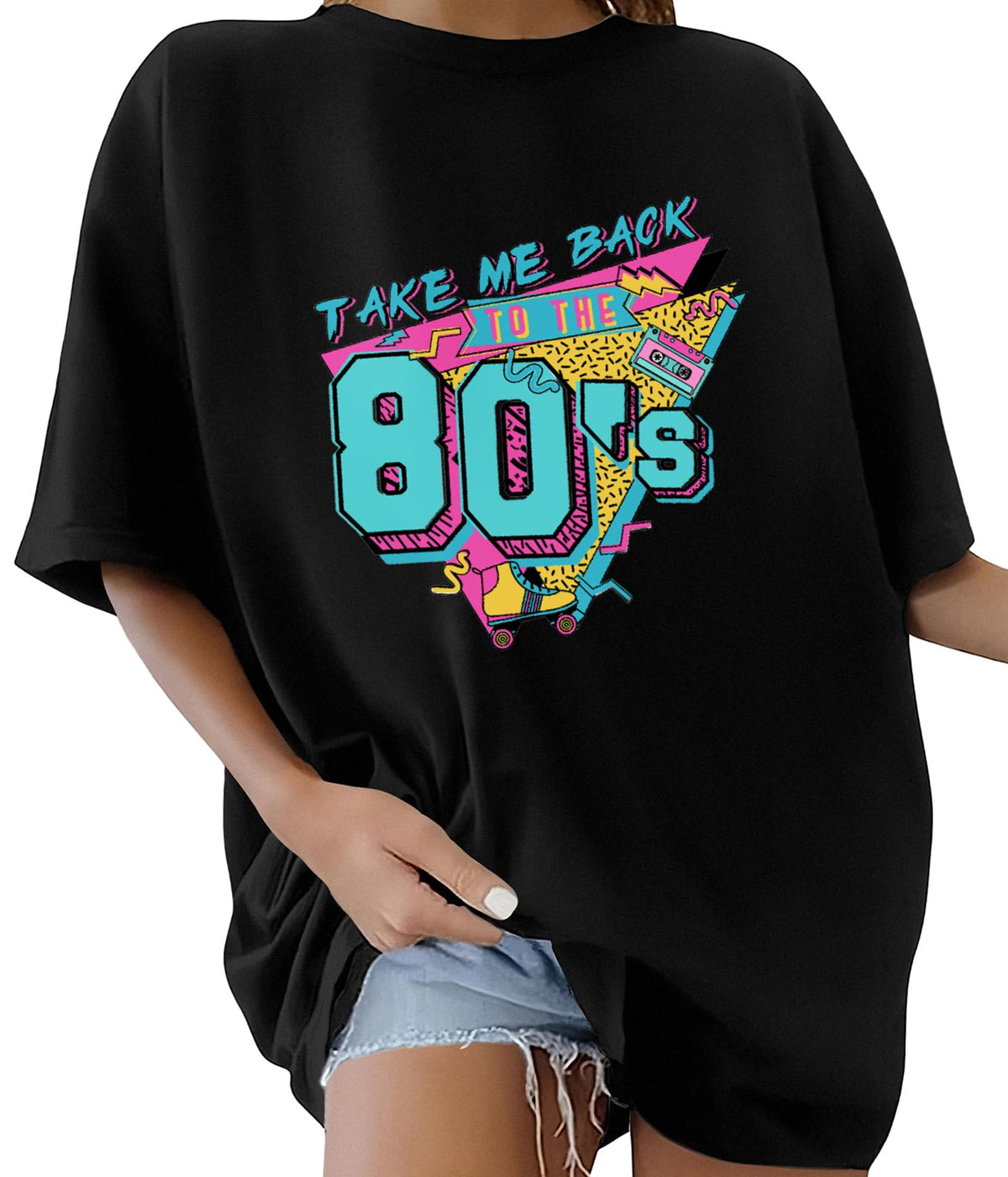 Lonya T Shirt Damen Oversized Vintage Rundhals Kurzarm 80er Jahre Brief Gedruckt Schleife Blumen Sonne Mond Muster Sommer Bluse Baumwolle Oberteile Tops Retro 80s Casual Lockere Basic Tee Shirt