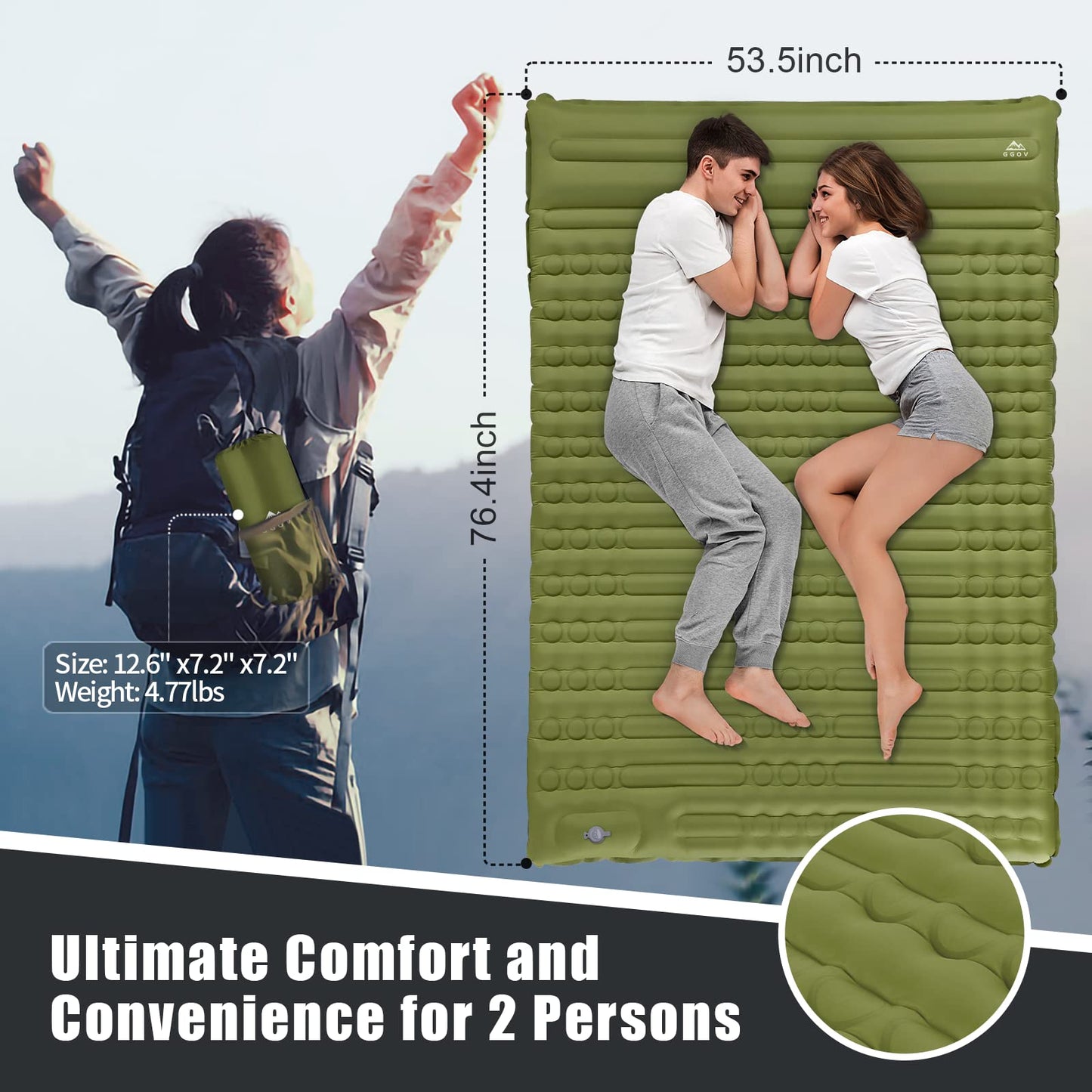 GGOV Isomatte Selbstaufblasend für Camping, 12 cm Höhe Bequeme Selbstaufblasende luftmatratze für Wandern, Ultraleicht Wasserdicht Luftmatratze Outdoor, mit Fußpresse Pumpe, Tragbar Kleines Packmass