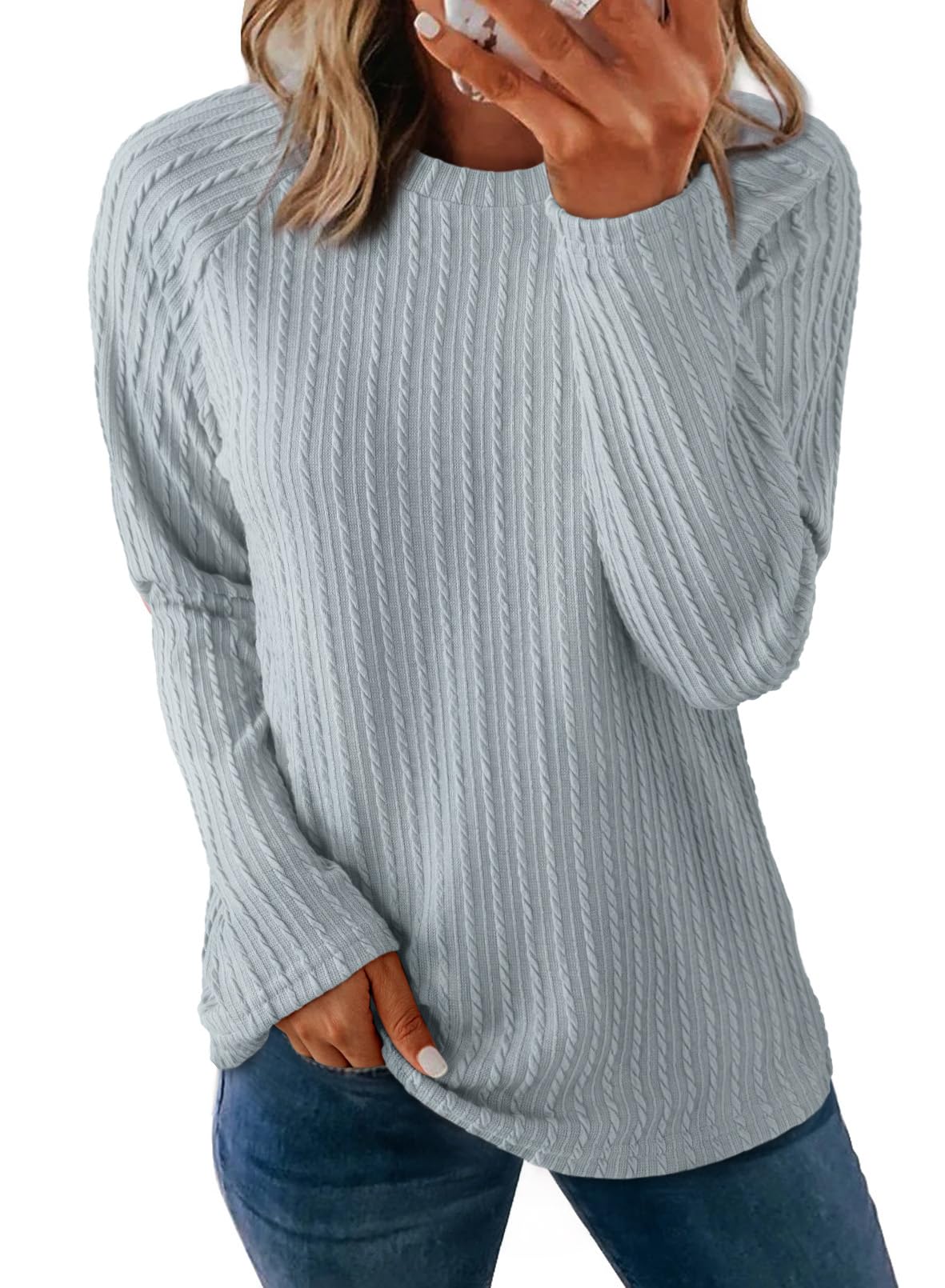 Dokotoo Langarmshirt Damen Rundhals Strickmuster T-Shirt Basic Longsleeve Shirts Herbst Winter Leichte Lässige Oberteile Tunika Pullover S-XXL