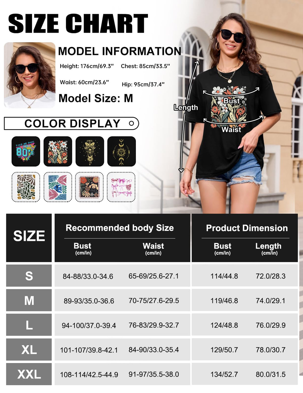 Lonya T Shirt Damen Oversized Vintage Rundhals Kurzarm 80er Jahre Brief Gedruckt Schleife Blumen Sonne Mond Muster Sommer Bluse Baumwolle Oberteile Tops Retro 80s Casual Lockere Basic Tee Shirt